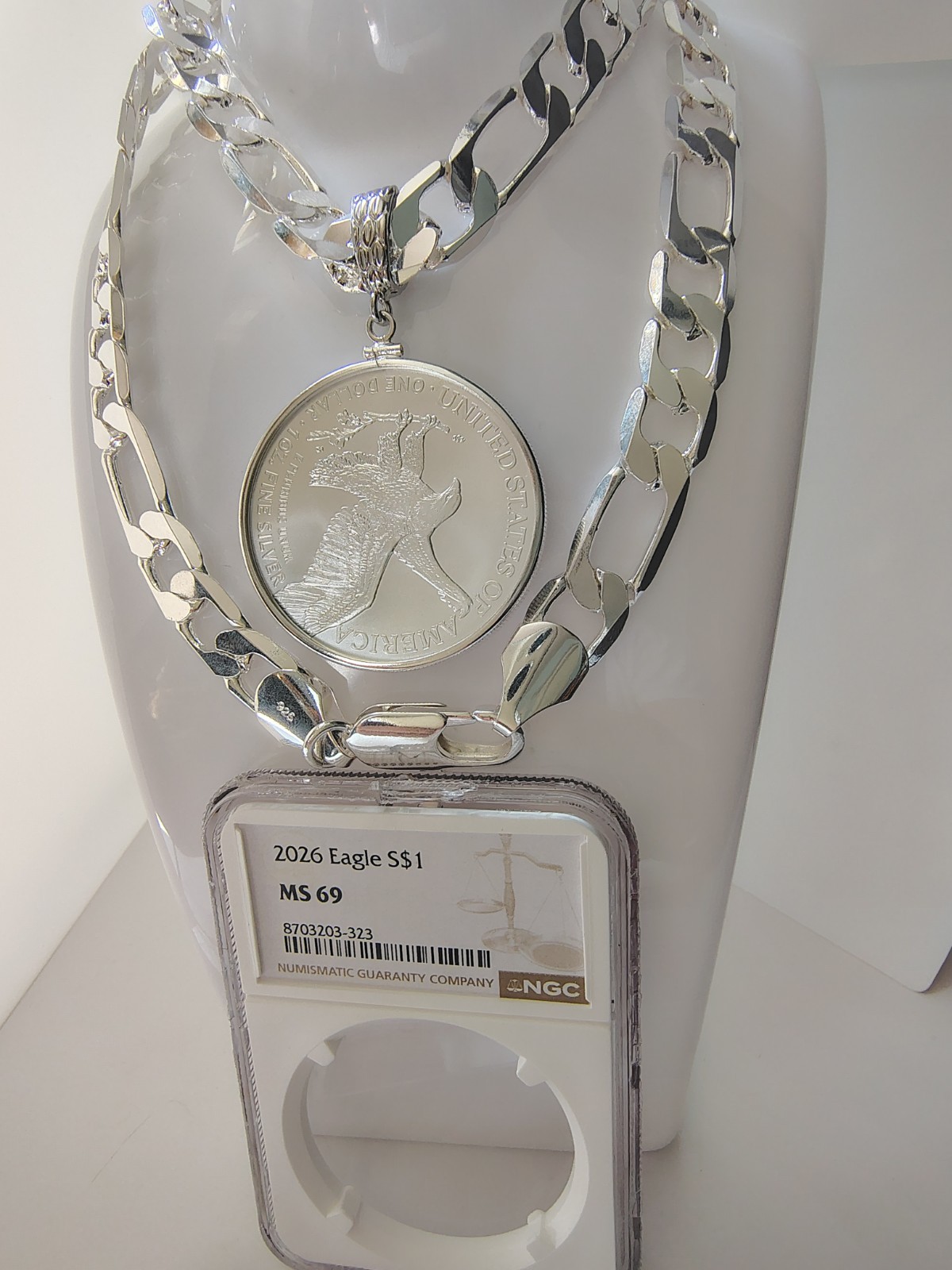 Silver Plated Necklace With Coin 2026 MS 69 Silver American Eagle 1 Oz (26″/12mm