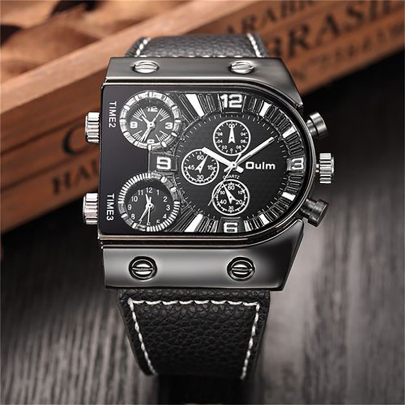OULM Casual Men’s Multiple Time Zone Military Quartz Wrist Watches Leather Strap
