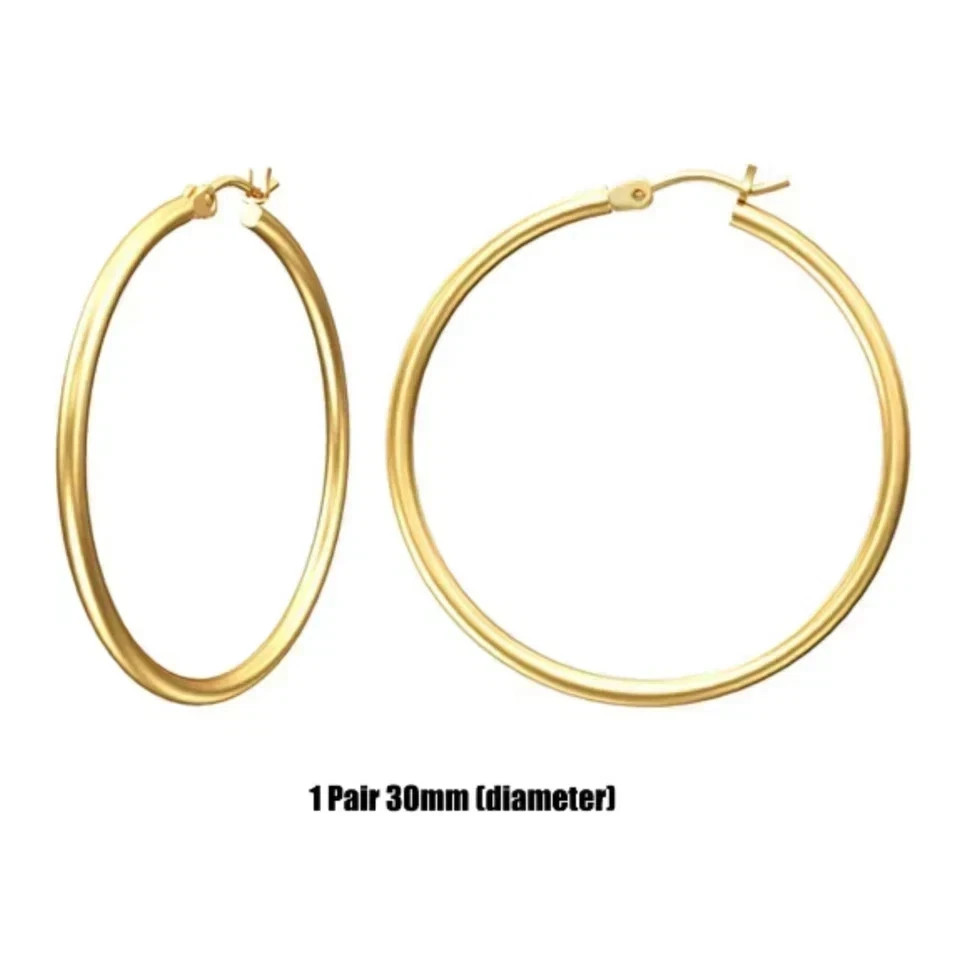 14K Solid Yellow Gold Hoop Earrings Polished Round Creole Hoops Multiple Sizes
