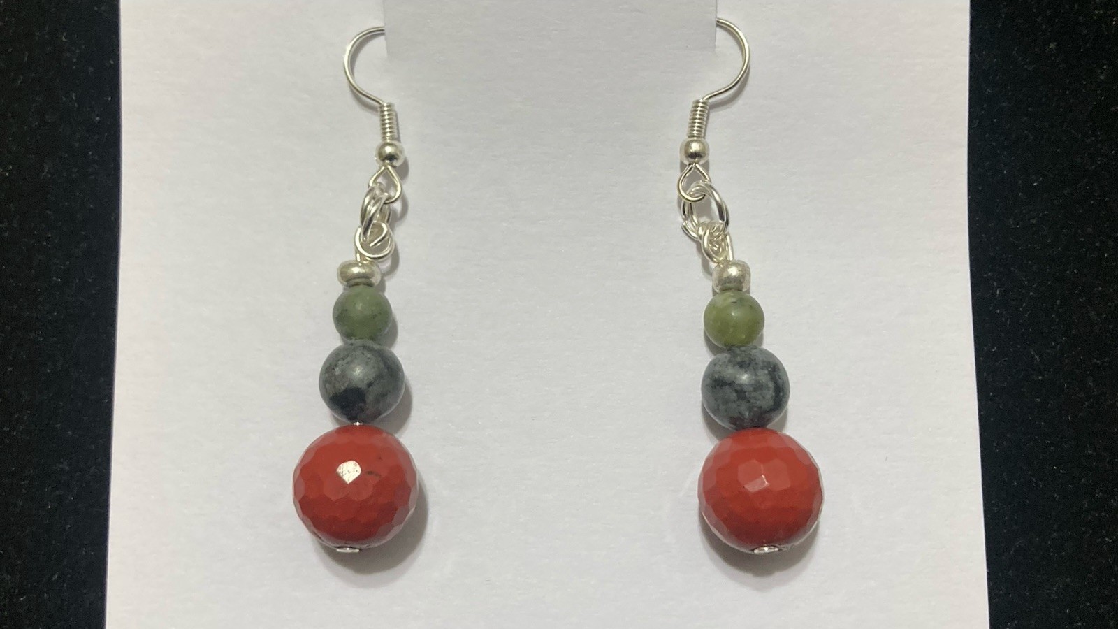 Green Red Black Jade Jasper Silver Handmade Hook Drop Gemstone Beaded Earrings