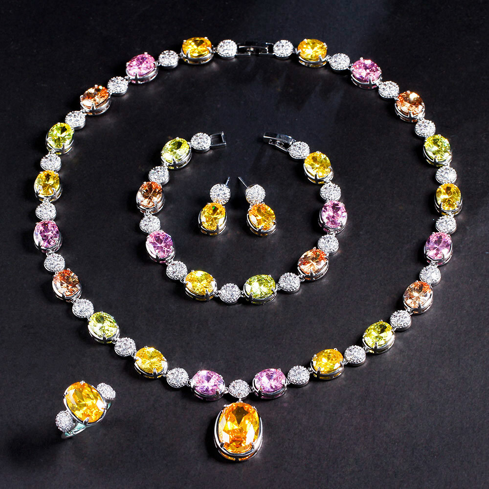 Multicolored Rainbow CZ Necklace Earring Bracelet Ring Set Silver Plated Jewelry