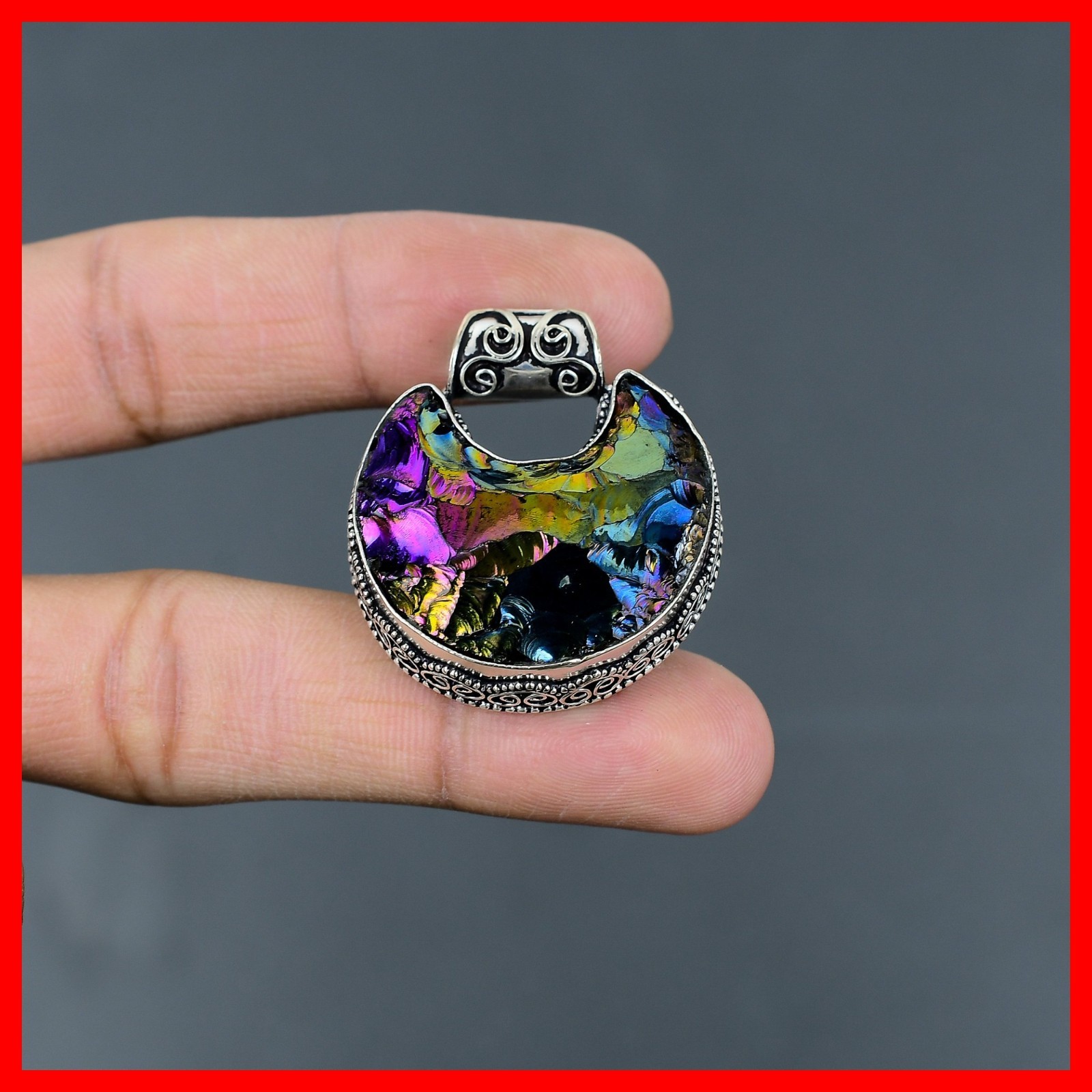 925 Sterling Silver Titanium Druzy Stone Crescent Moon Vintage Birthday Pendant