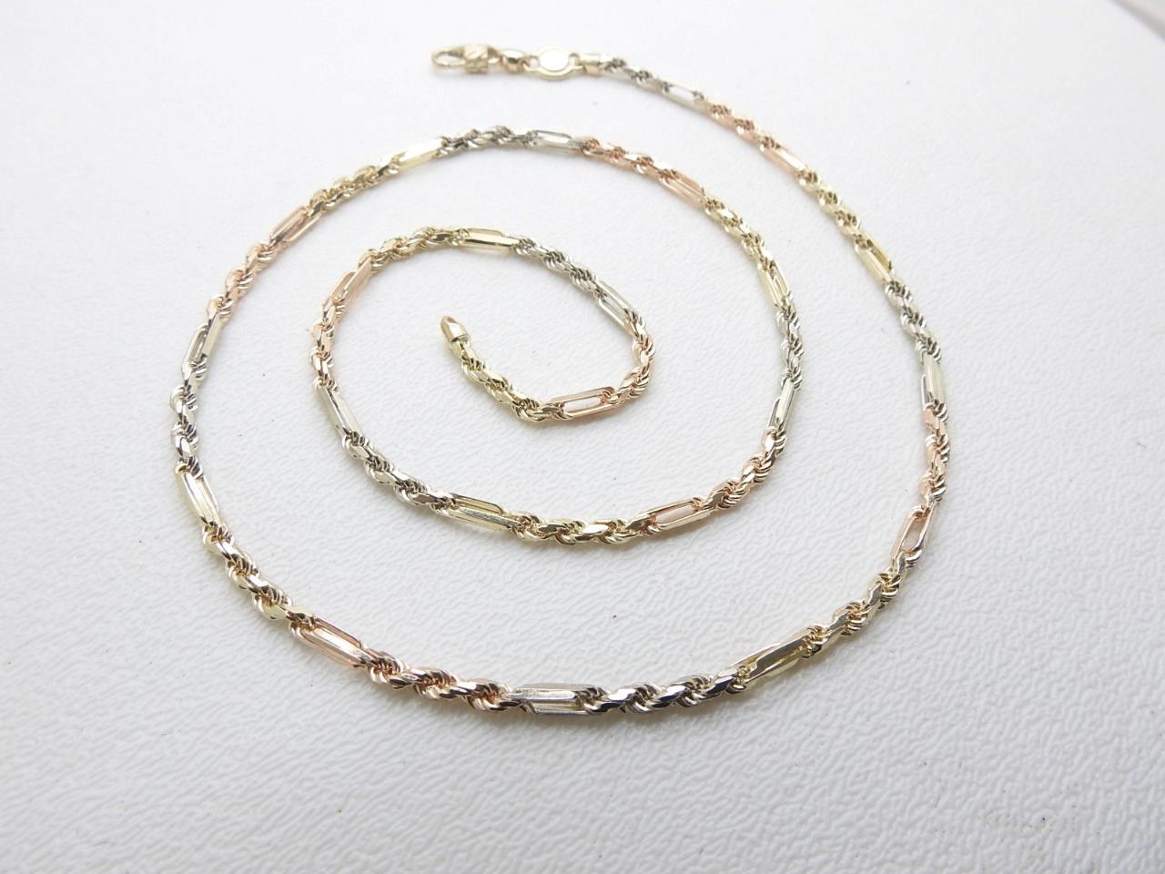 14K Tri Multi Gold Yellow White Rose Figarope Chain Necklace 20.1 Grams 22″ Inch