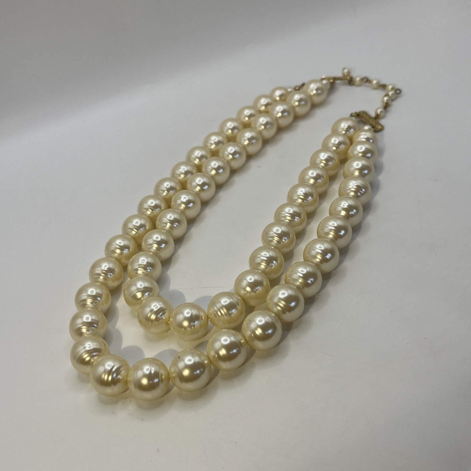 Vintage Champagne Cream Faux Ringed Pearl 2 Strand Necklace Large Pearls