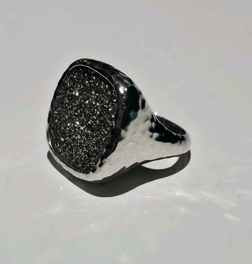 Stunning Sterling Silver 925 Black Druzy Quartz Signet Cocktail Ring Size 7