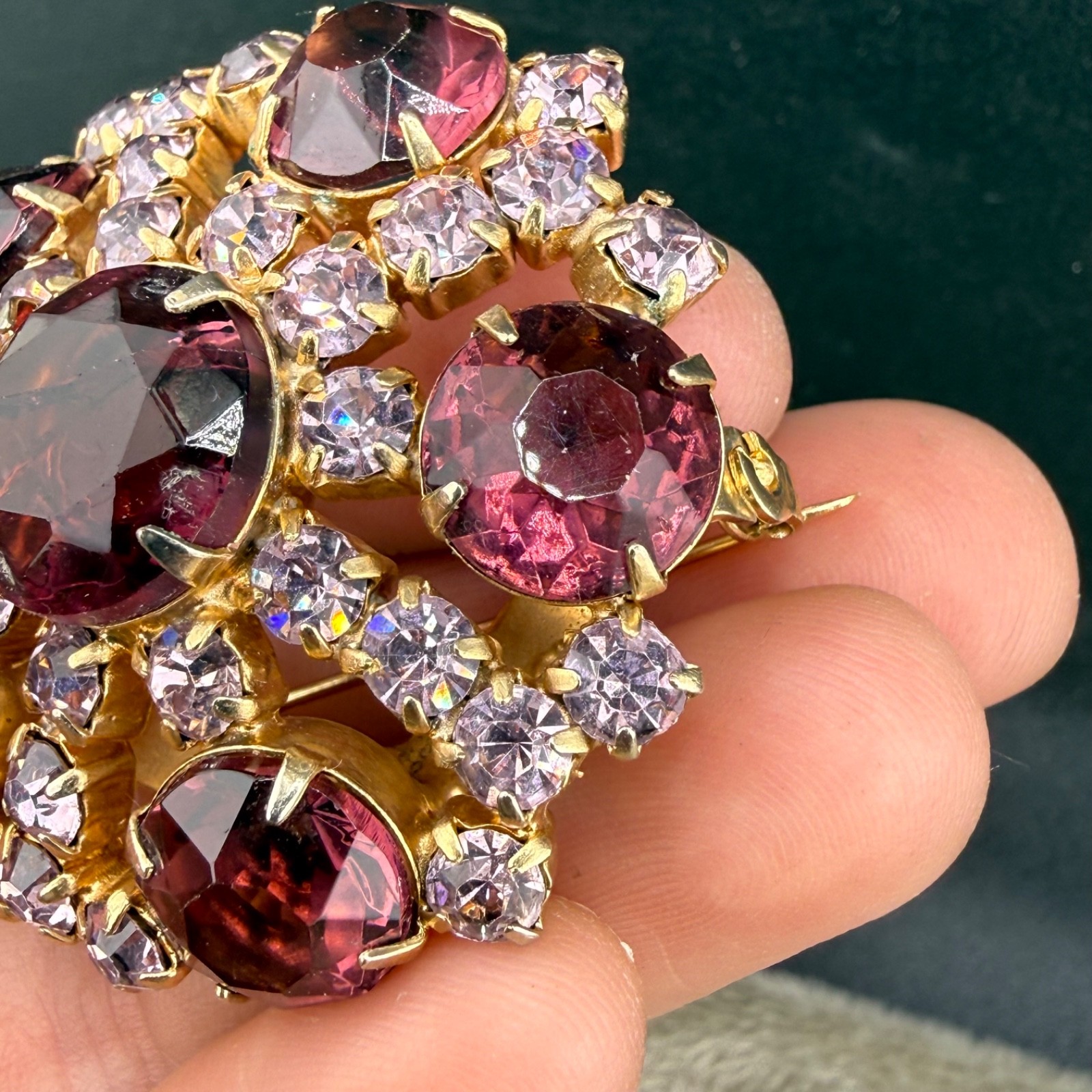 Vintage Purple Rhinestone Brooch Gold Tone Flawless Sparkle
