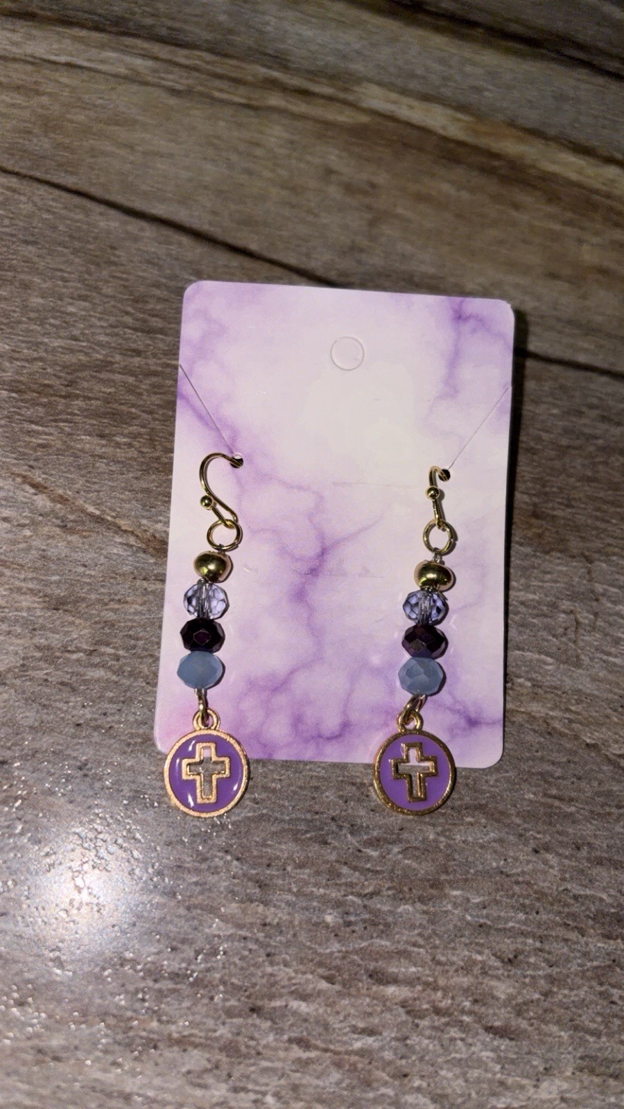 Handcrafted Purple Gold Beaded Cross Charm Dangle Earrings Glass Metal Religious