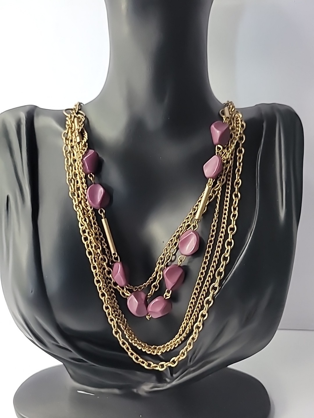 Vintage Necklace Multi Strand Chain Beaded Purple Bar Jewelry Costume