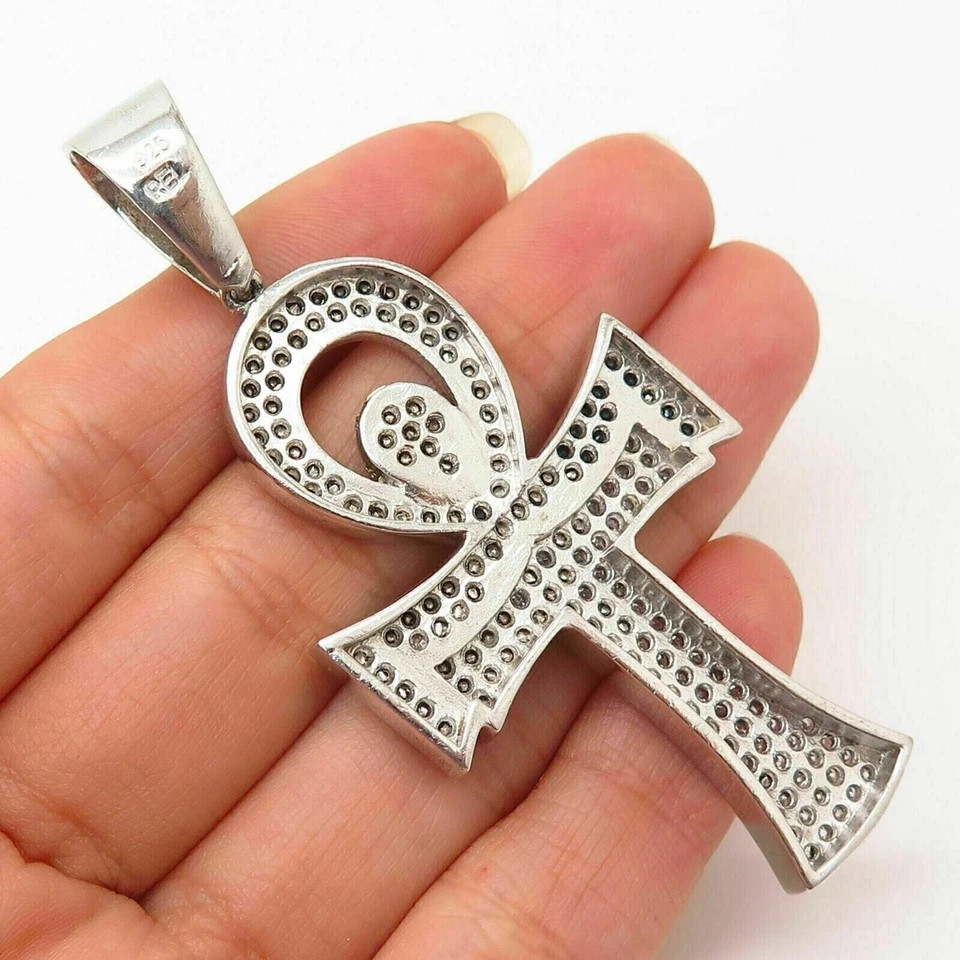 2Ct Lab Created Black Diamond Charm Ankh Cross Pendant 14k White Gold Plated