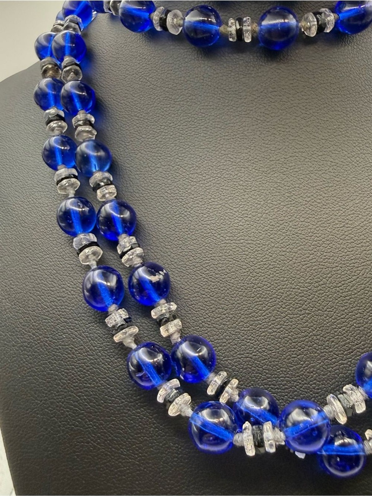 Cobalt blue long Vintage 1930s Glass Bead Necklace Round Beads