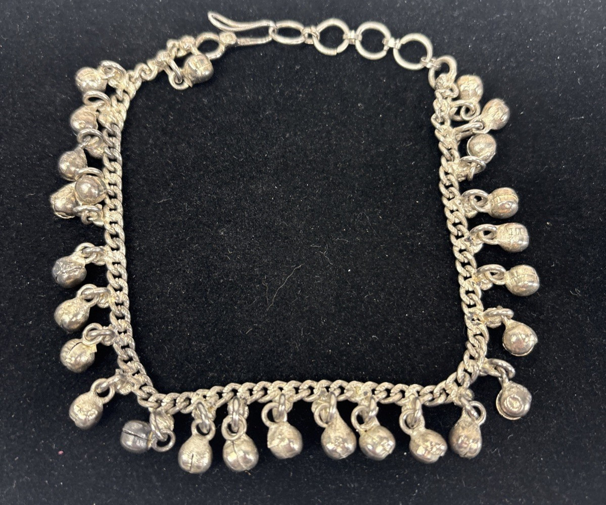 Silver Tone Jingle Bell Charm Adj 9.75-11.5″ Vintage Anklet Boho Belly Dancer