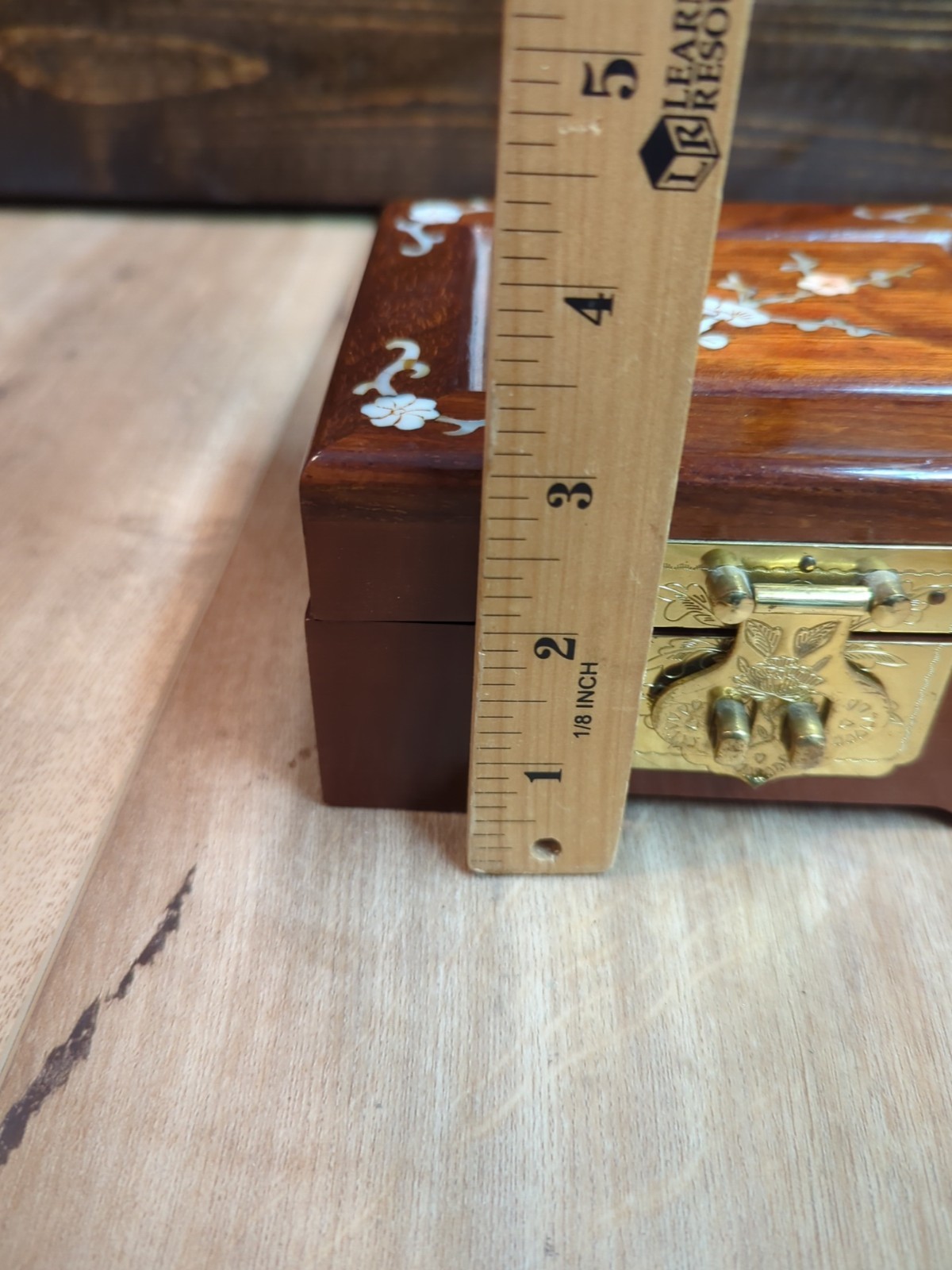Vintage Lacquered Asian Wood Jewelry Box Mother Of Pearl Inlay
