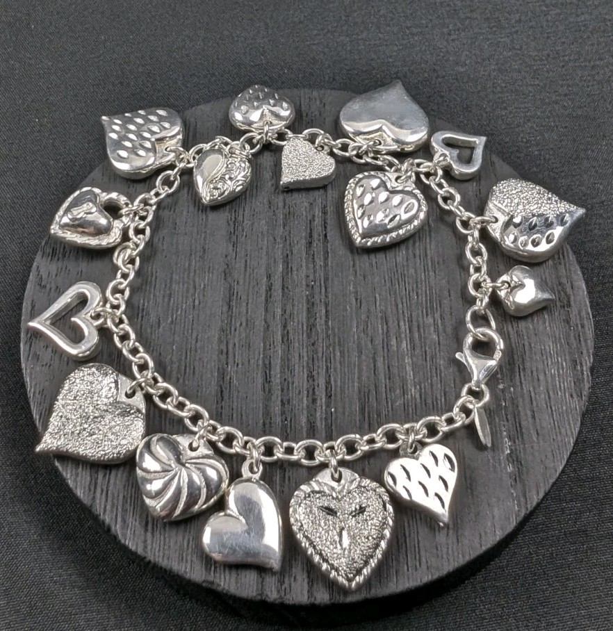 JCM Jacmel Mauritius 925 Sterling Silver Heart Chime Charm Bracelet 8in