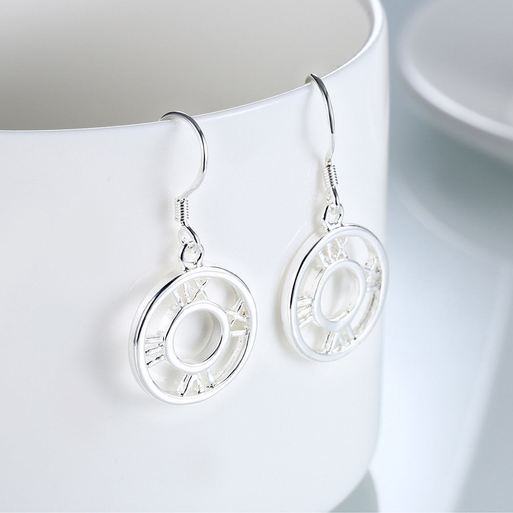 Fashion Jewelry Silver Plated Roman Numerals Round Drop Earrings 40-11