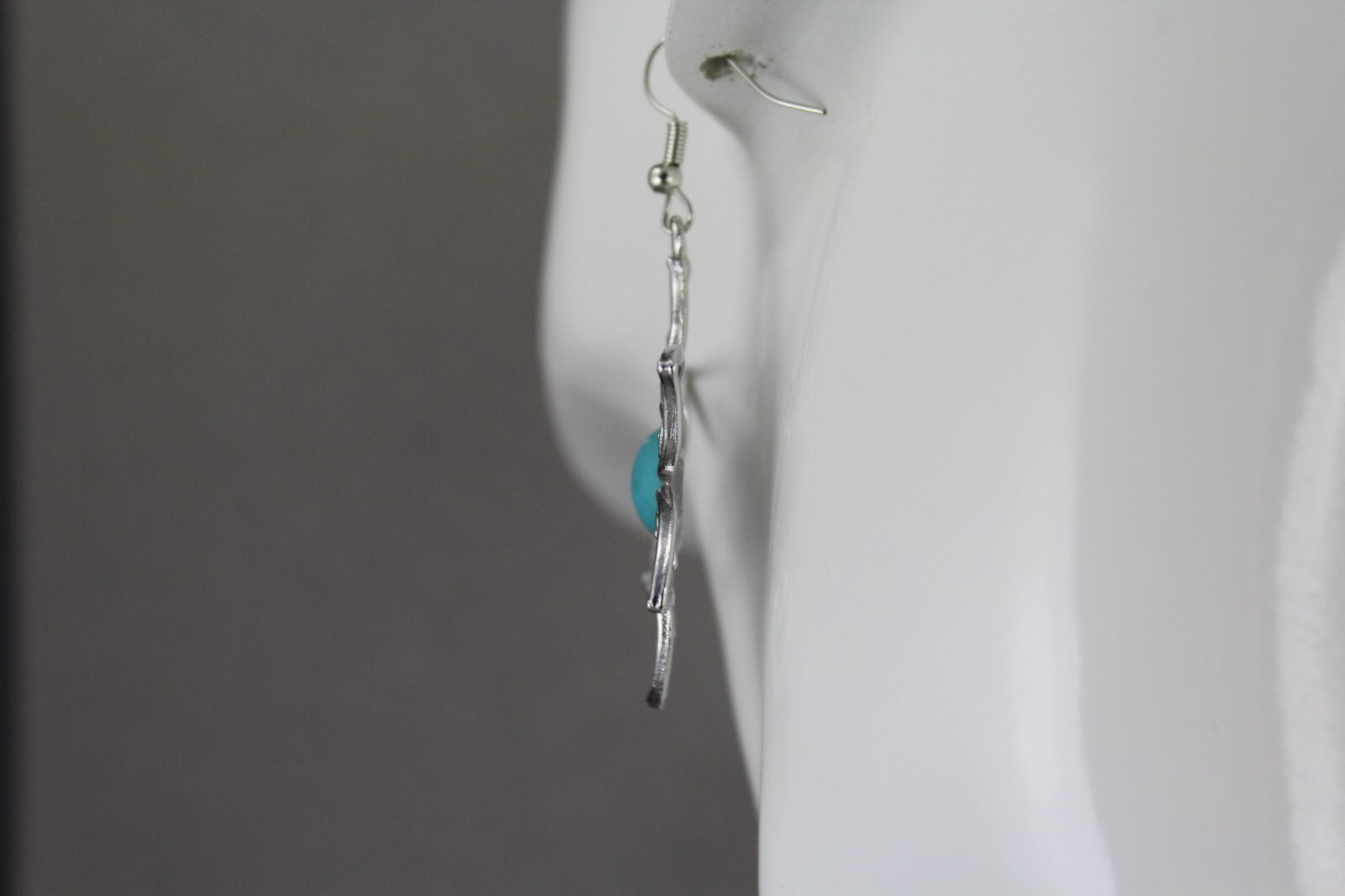 turquoise silver earrings lightweight flower outline dangle 2 3/8 long stamped