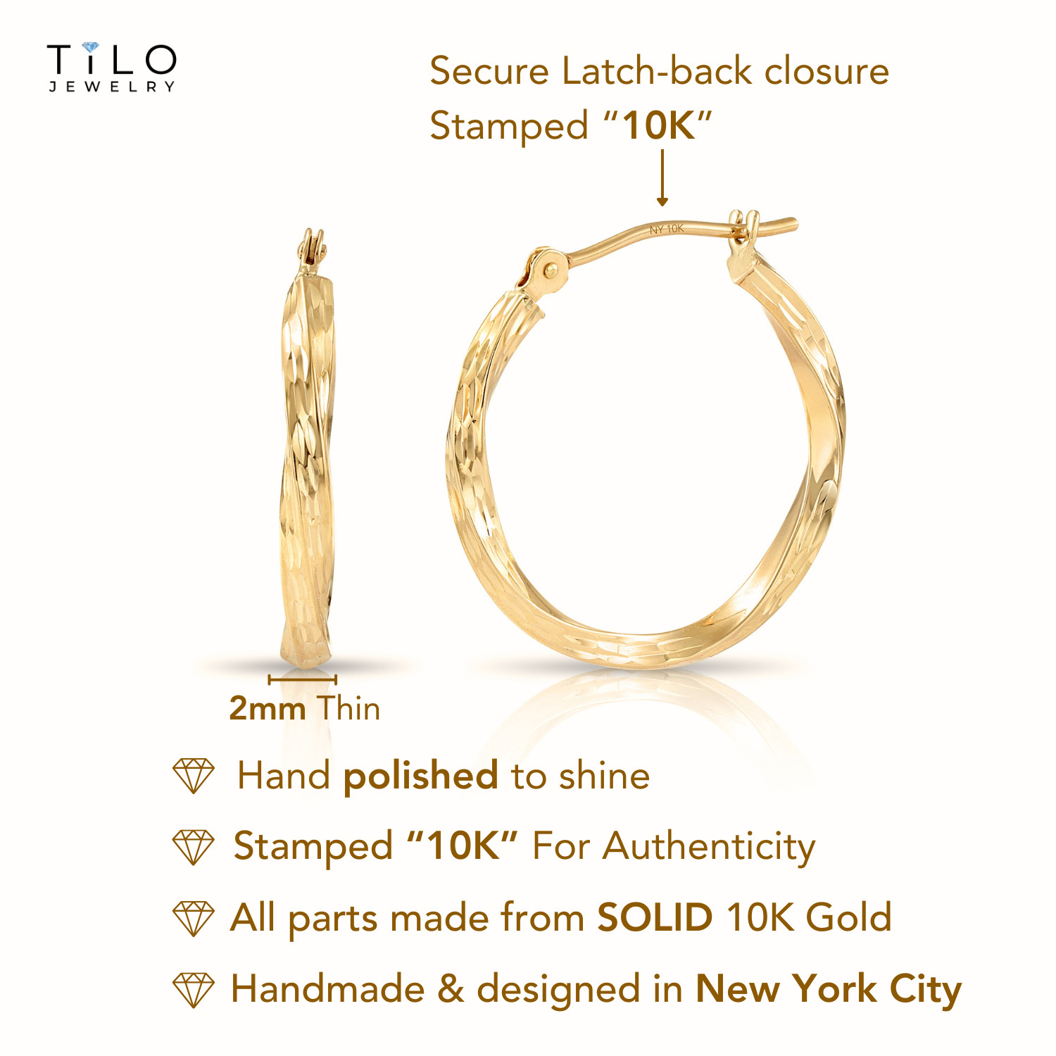 10K Real Solid Gold Twisted Diamond-Cut Round Creole Hoops Earrings All Sizes