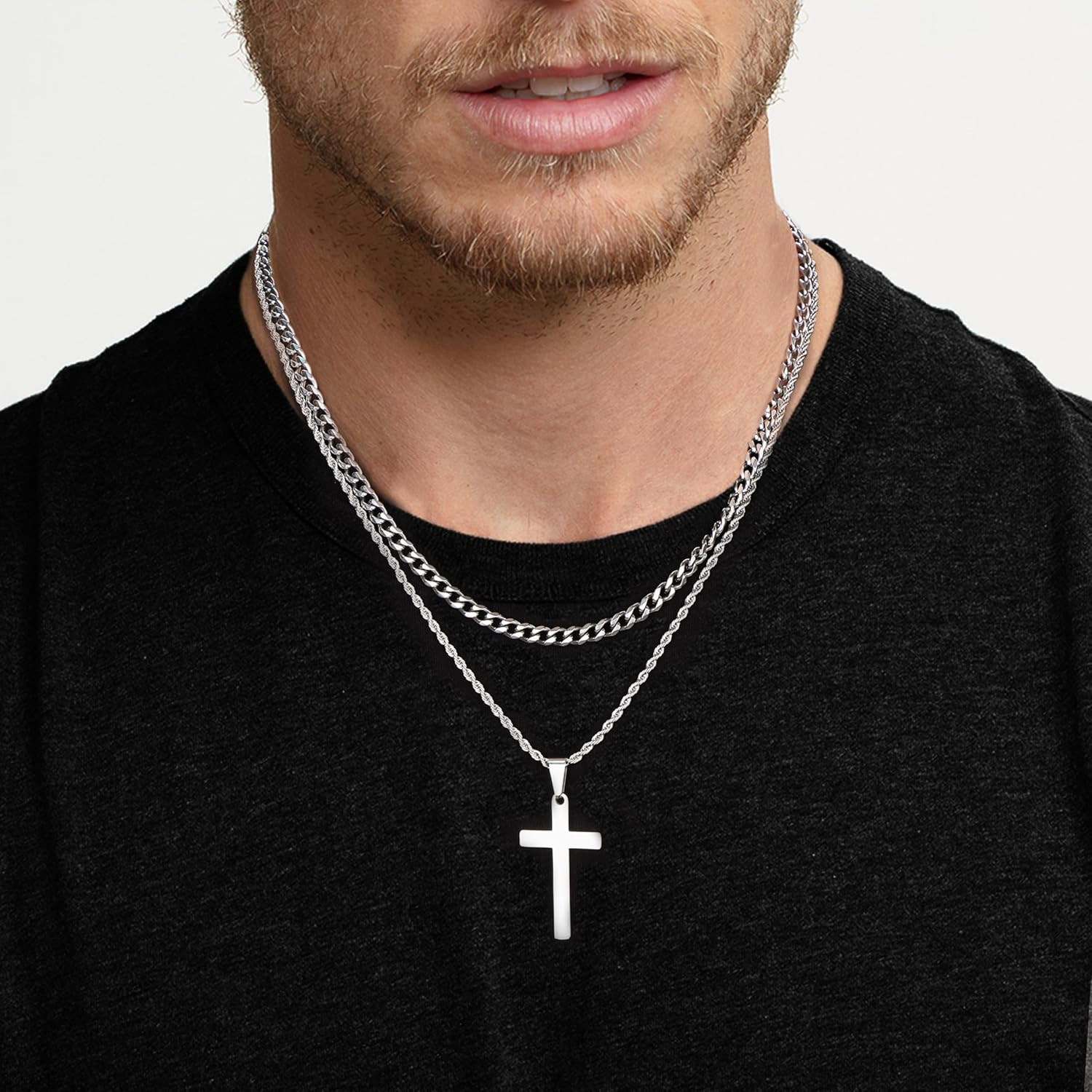 6PCS Silver Stainless Steel Cross Chain Layered Cuban Link Figaro Snake Box Chai