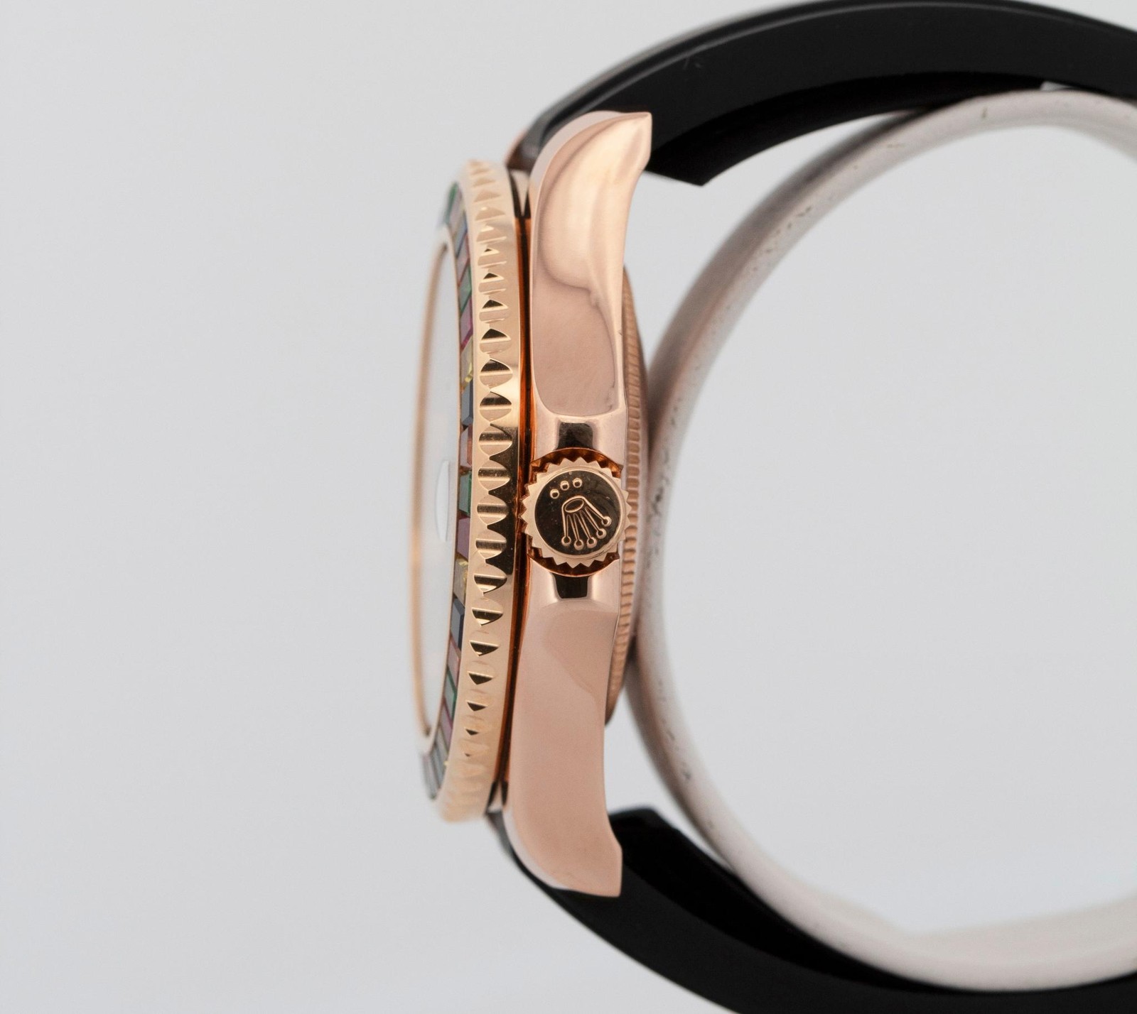 Rolex Yacht-Master 18k Rose Gold RAINBOW SAPPHIRE Black Oysterflex 37mm 268655