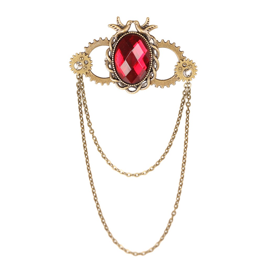 Steampunk Brooch Simulated Red Glass Zinc Alloy Gold Tone Plated Gear Pin