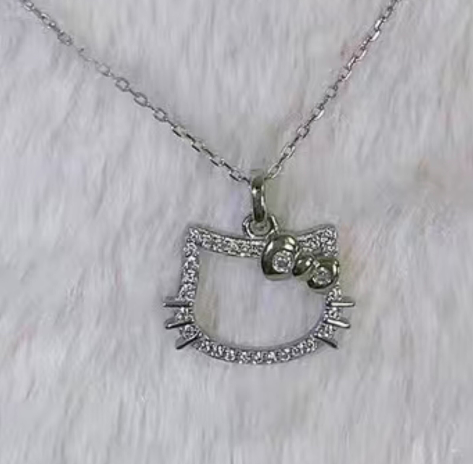 Sparkly, Cartoon Hello Kitty Head With Silver Bow Pendant, Silver Chain Necklace