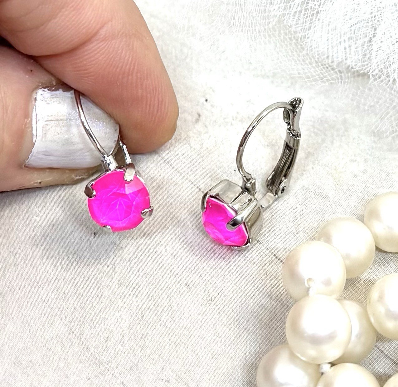 8mm Shiny Silver Plated Neon Pink Cup Chain Drop Earrings