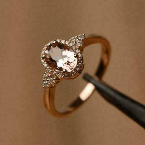 14K Rose Gold Finish 2Ct Simulated Peach Morganite Diamond Halo Engagement Ring