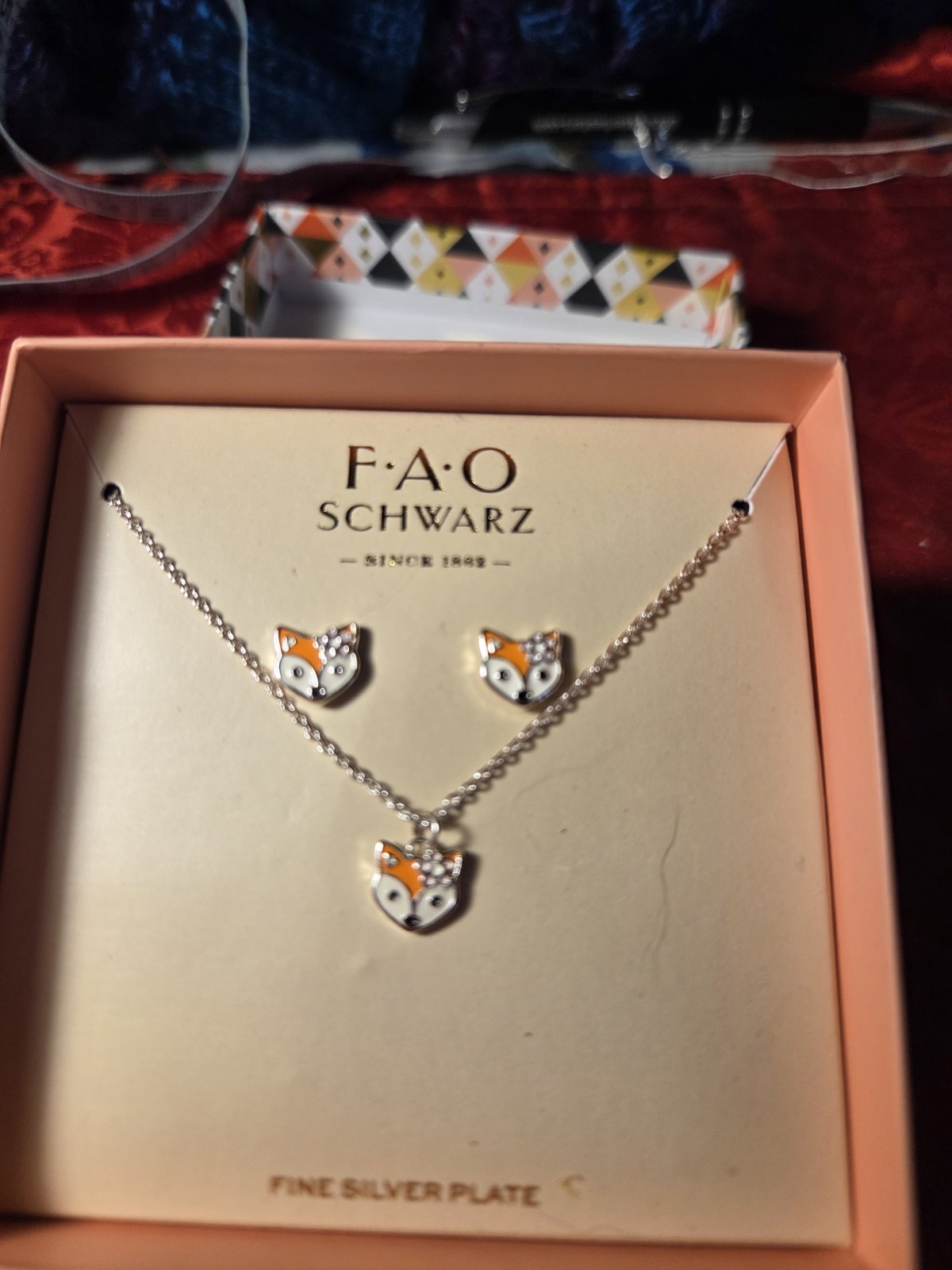 FAO Schwarz Fine Silver Plate Fox Necklace and Earring Set New in Box