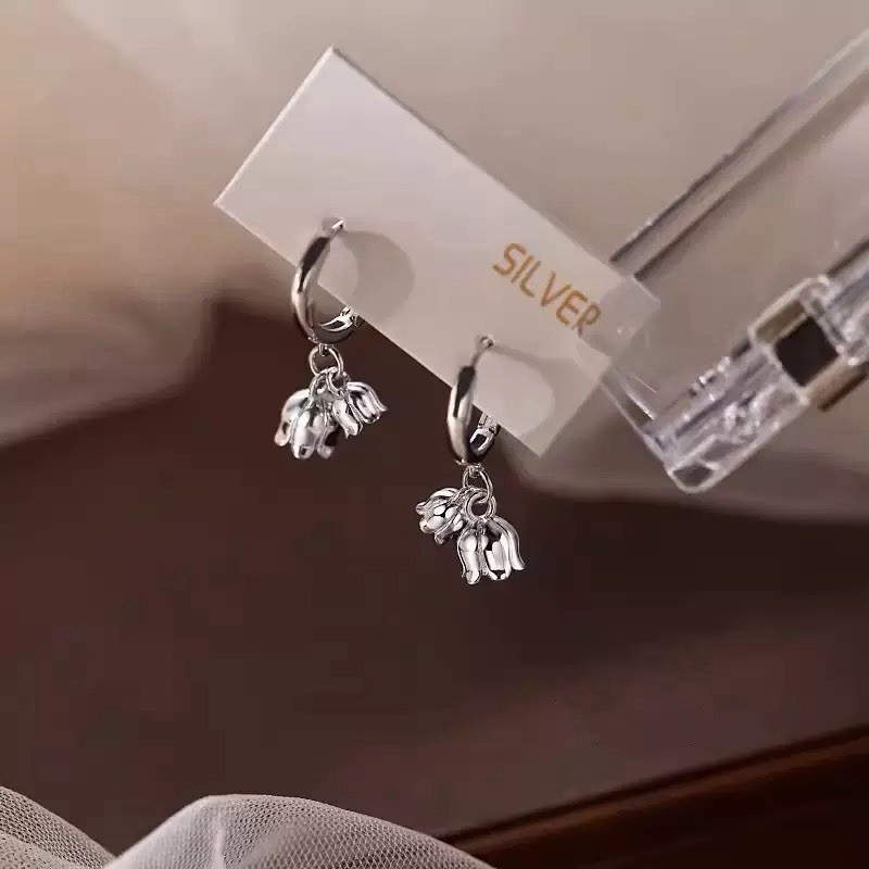 925 Silver Tulip Flower Dangle Huggie Hoop Earrings Floral Drop Earrings 173