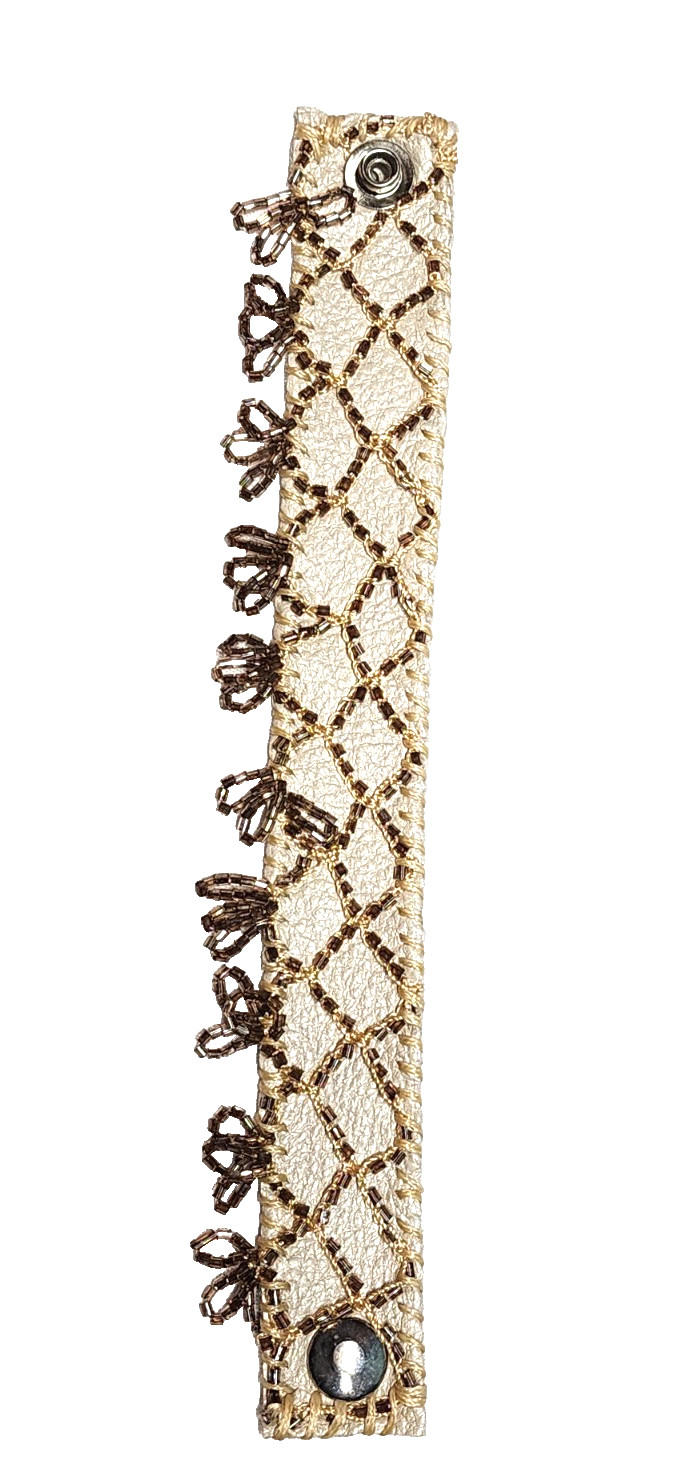 Handmade Cream White Genuine Leather Champagne Glass Beaded Cuff Bracelet Boho