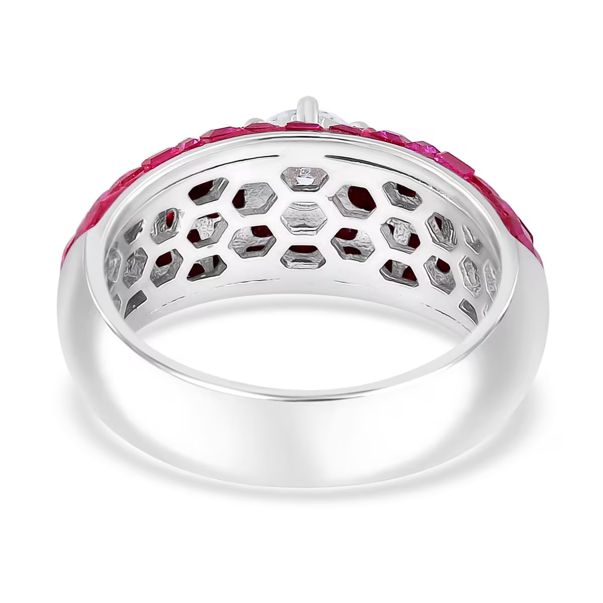 Simulated White and Ruby Color Diamond Dome Ring in Rhodium Over Sterling Sz 8