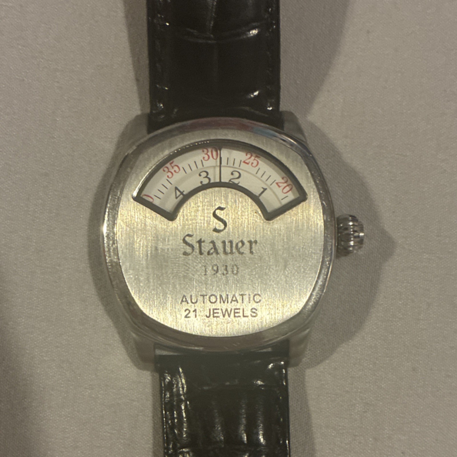 Stauer 1930 Automatic 21-Jewel Silver Dial Black Leather Strap Wristwatch