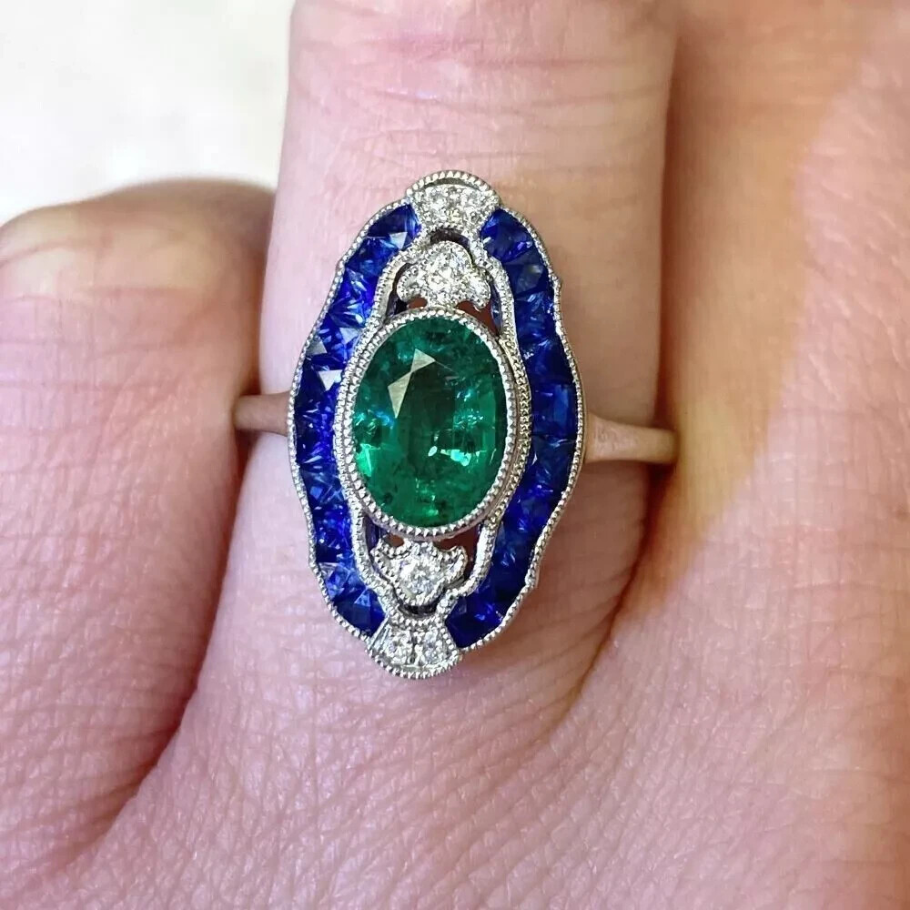Art Deco Style Lab-Created Emerald & Sapphire Engagement Gift Ring 925 Silver