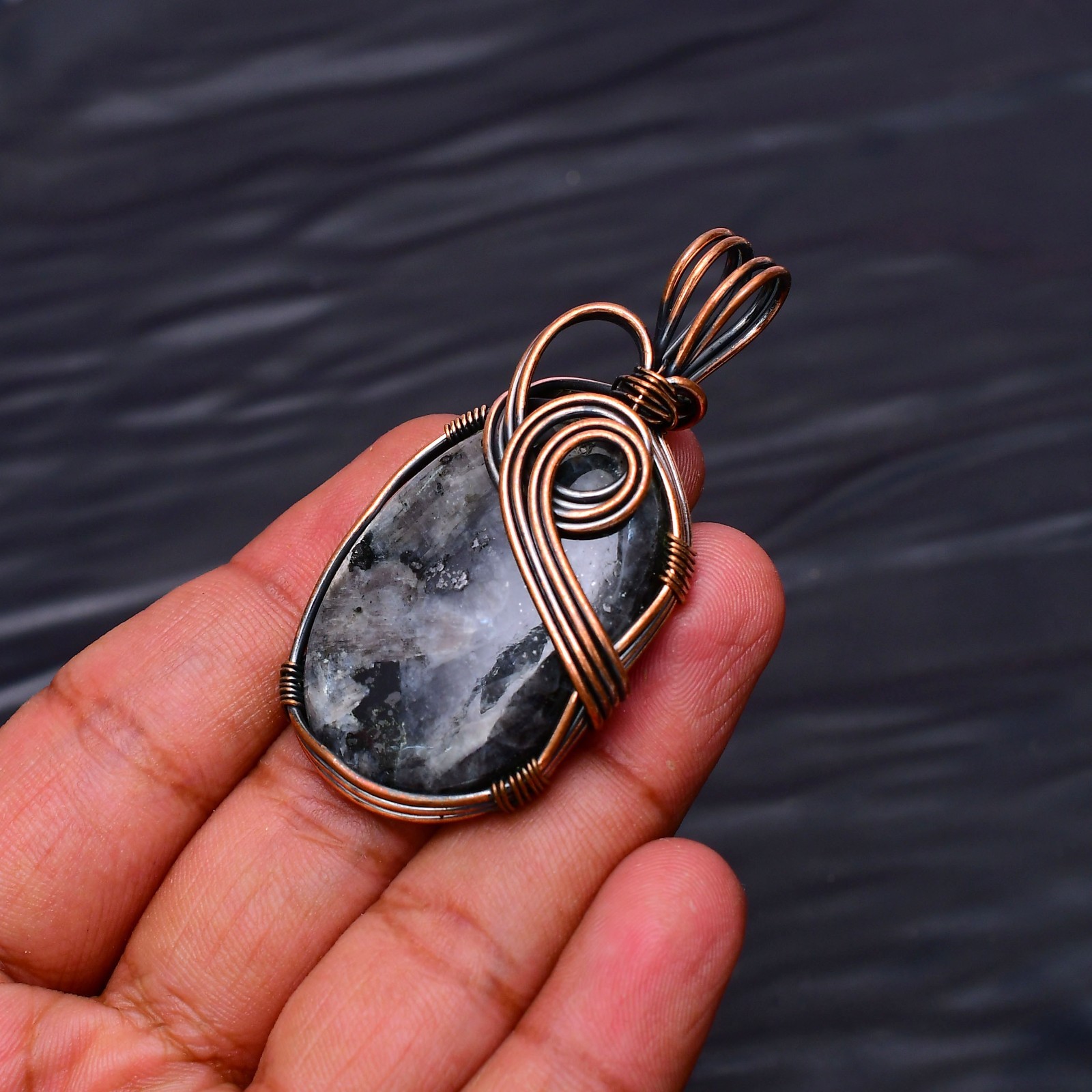Larvikite Gemstone Copper Wire Wrapped Handmade Jewelry Pendant 2.20″