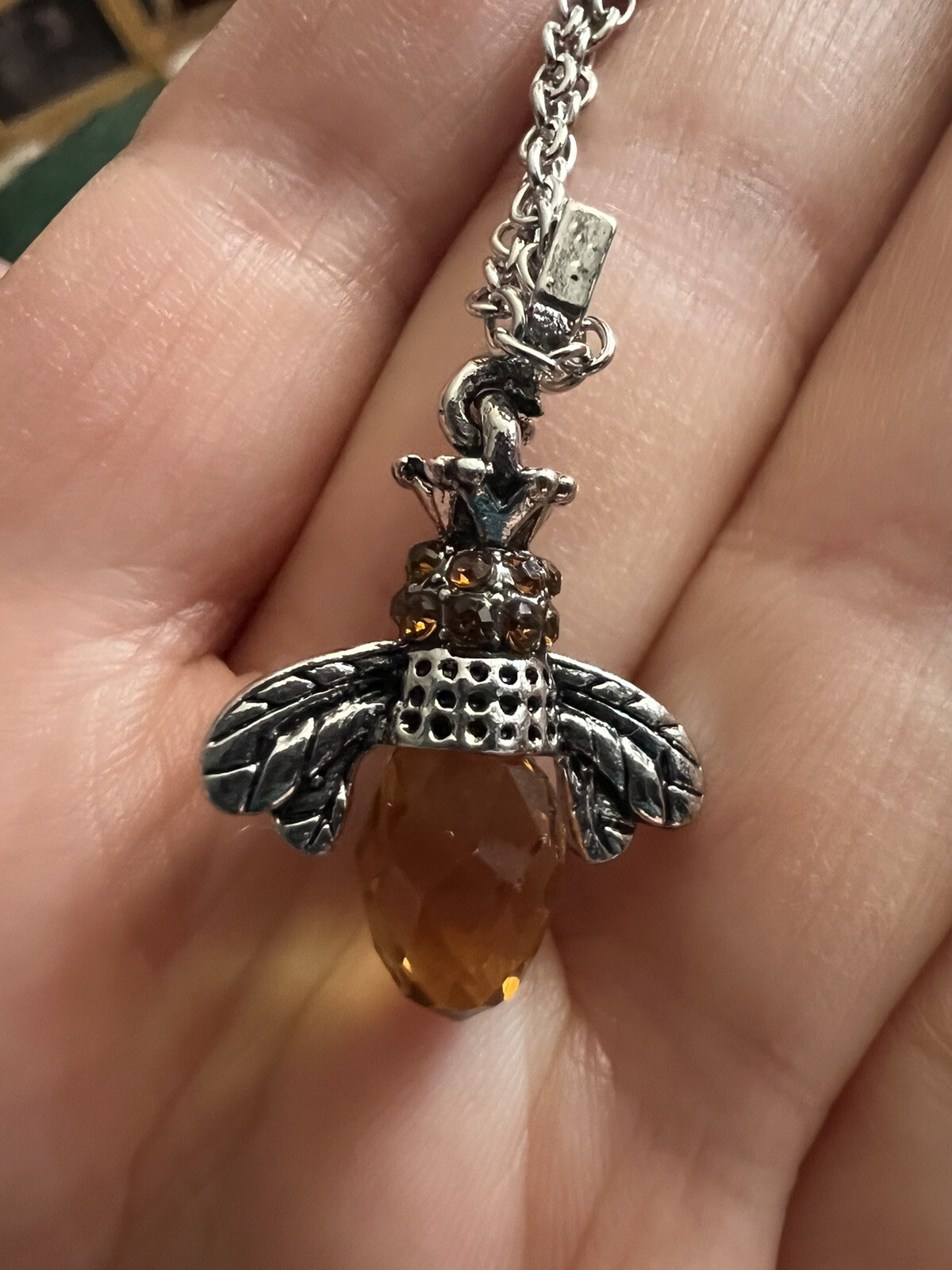 Chico’s Museum Bee Necklace Charm Silver Amber Drop Boho Bumblebee Honey