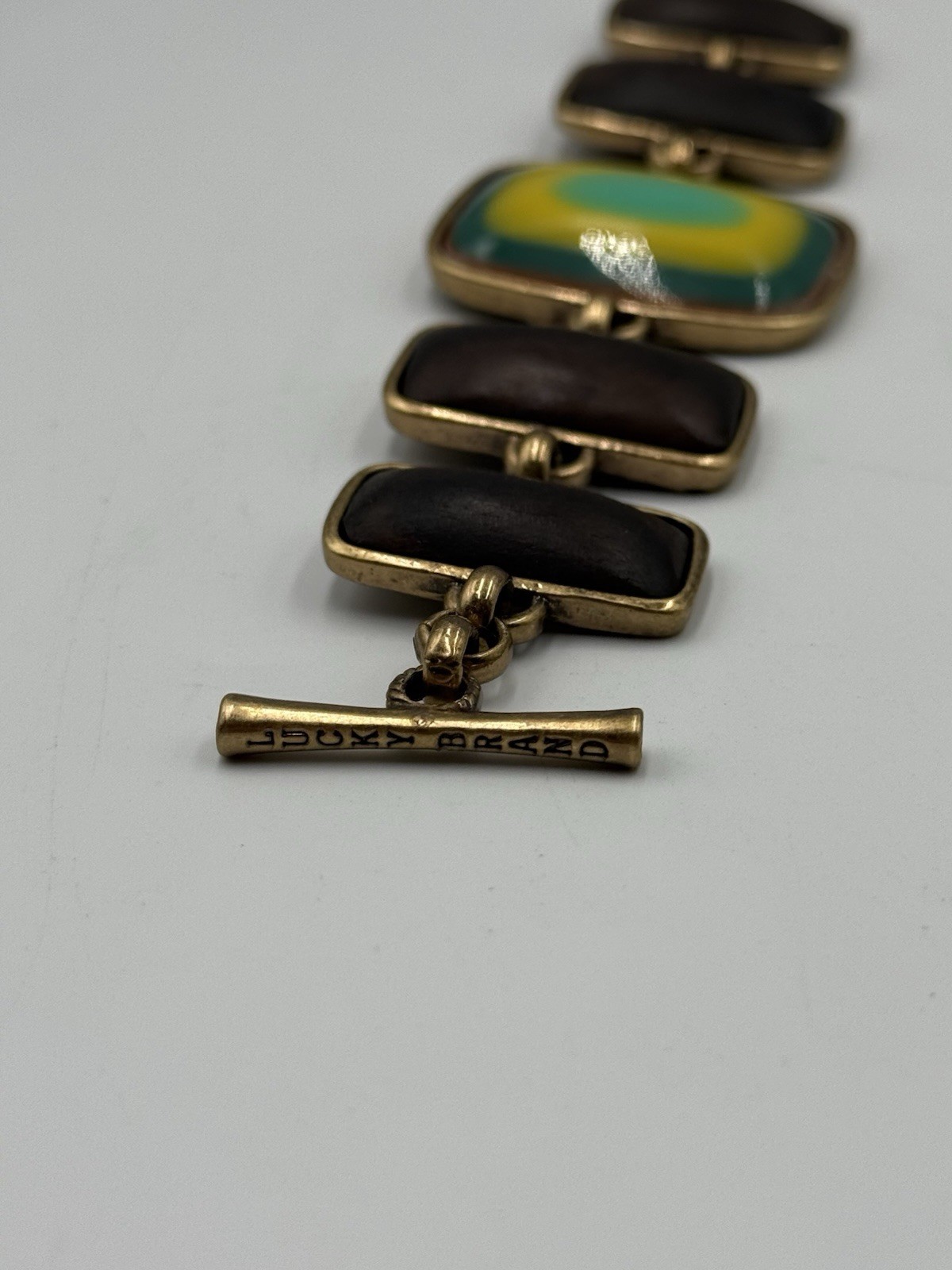Lucky Brand Gold Tone Wood Resin Statement Toggle Bracelet Boho Retro