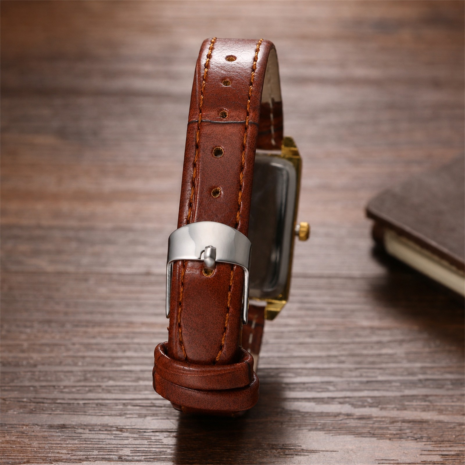 Women Business Rectangle Rhinestone PU Leather Band Wrist Watch for Daily Office