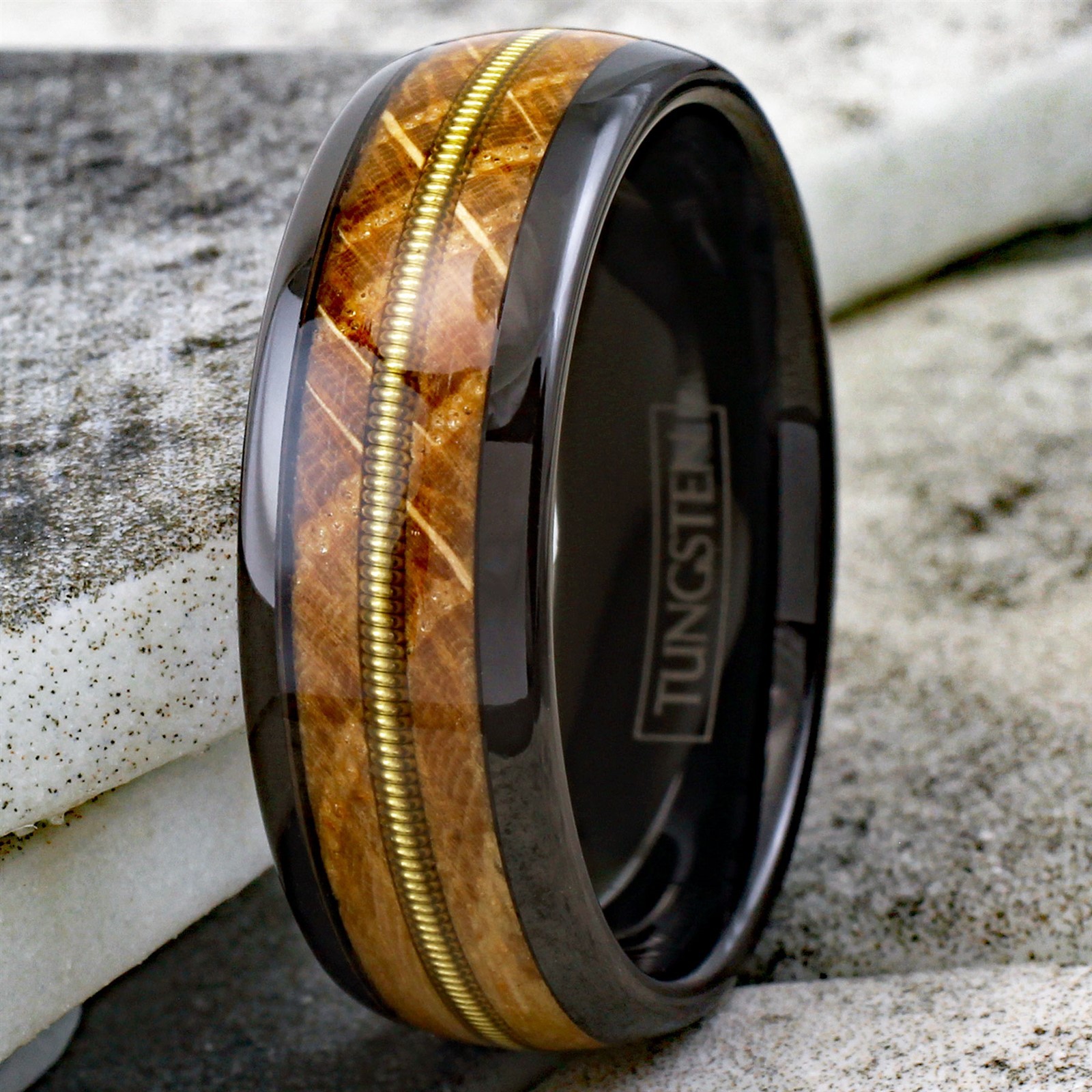 8mm Black Tungsten Whiskey Barrel Wood w/ Guitar String Men’s Wedding Band Ring