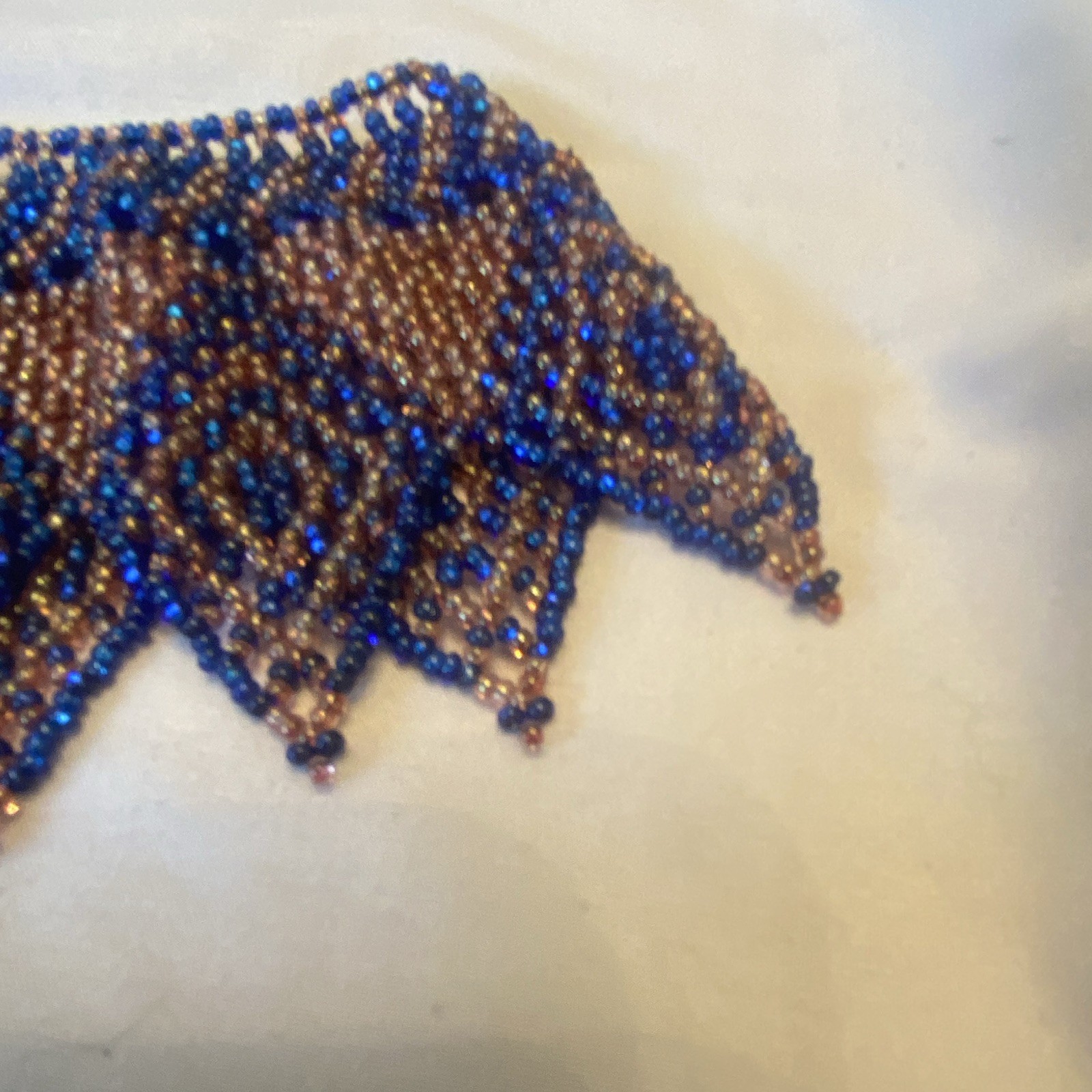 Vintage Blue & Brown Glass Beaded Geometric Bib Choker Necklace Adjustable 10in