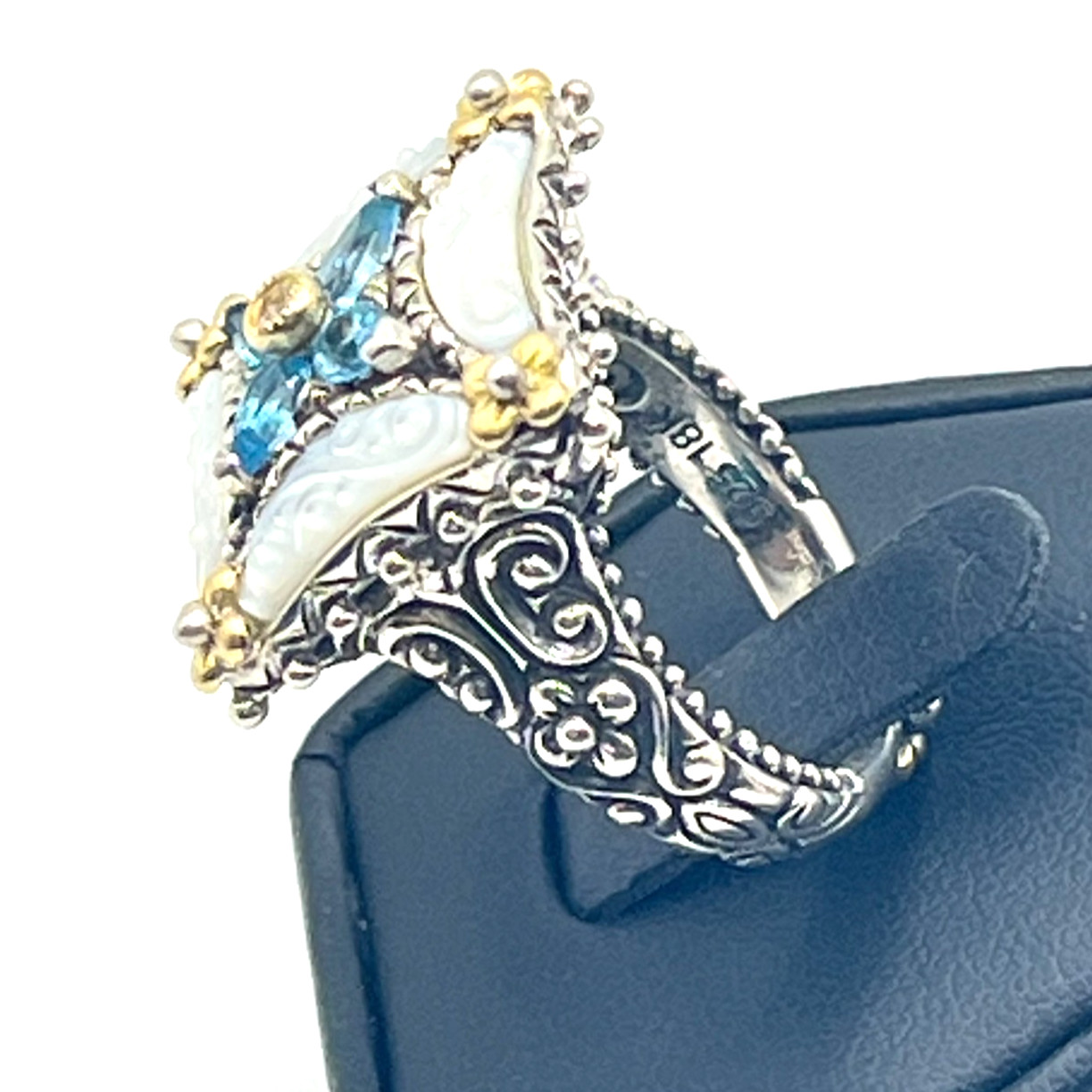 Barbara Bixby Size 8 Carved MOP & Blue Topaz Lotus Square Sterling 925 & 18k