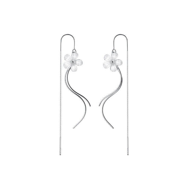 Silver Plated Flower Dangle Drop Pull Through Tassel Threader Earrings PE48