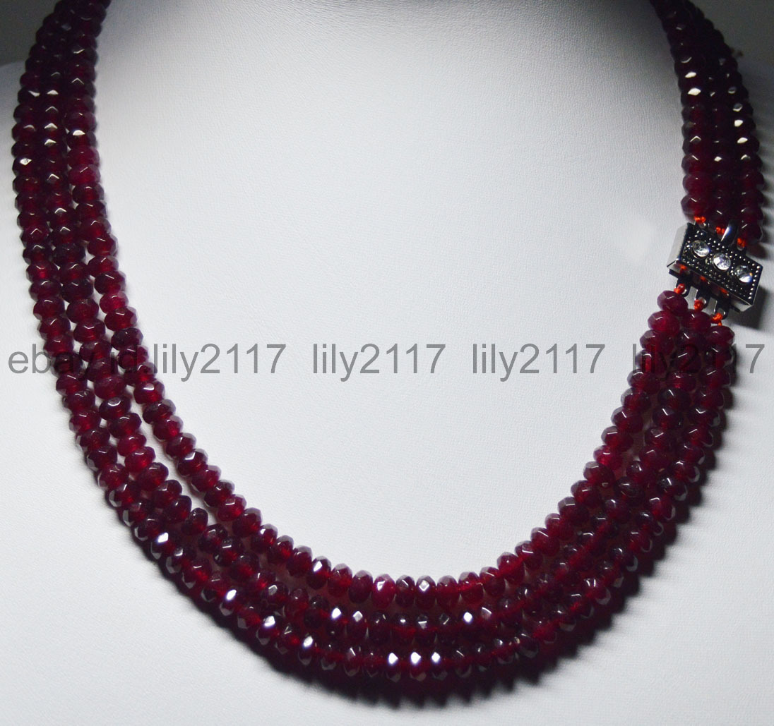 3Rows Natural 4X6mm Faceted Red Garnet Rondelle Beads Gems Necklace 17-19″