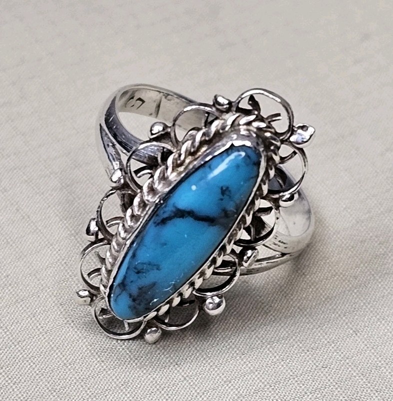 Vintage 925 Sterling Silver Turquoise Ornate Style Ring Size 5.25 – 2.15 g
