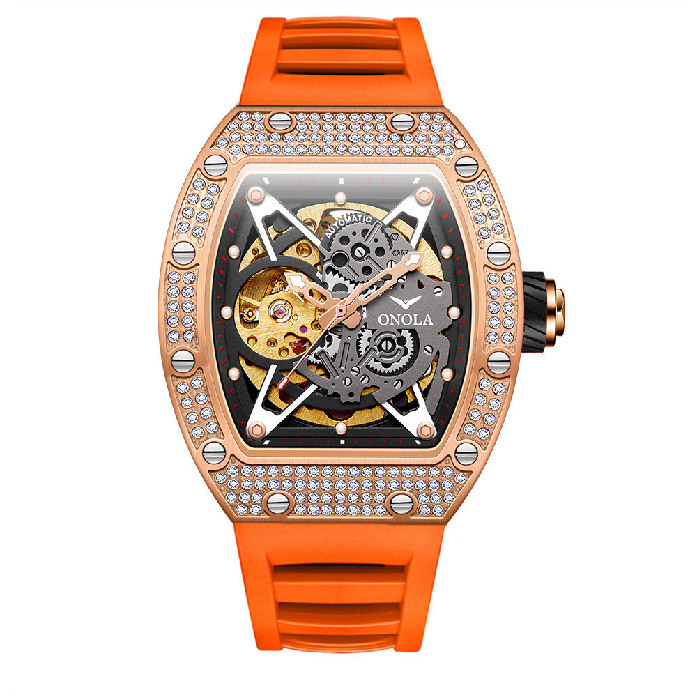ONOLA Luxury Men’s Automatic Skeleton Watch Diamond-Studded Bezel Rubber Strap