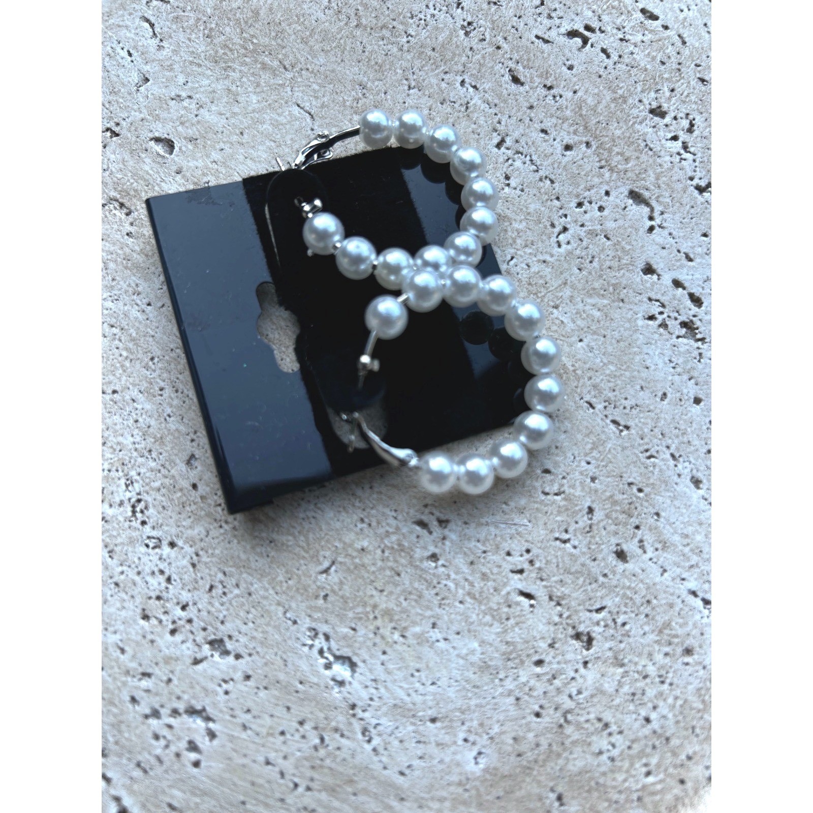 Faux Pearl Hoop Earrings Silver Tone White Beaded Medium 1 Inch Round Latch Back