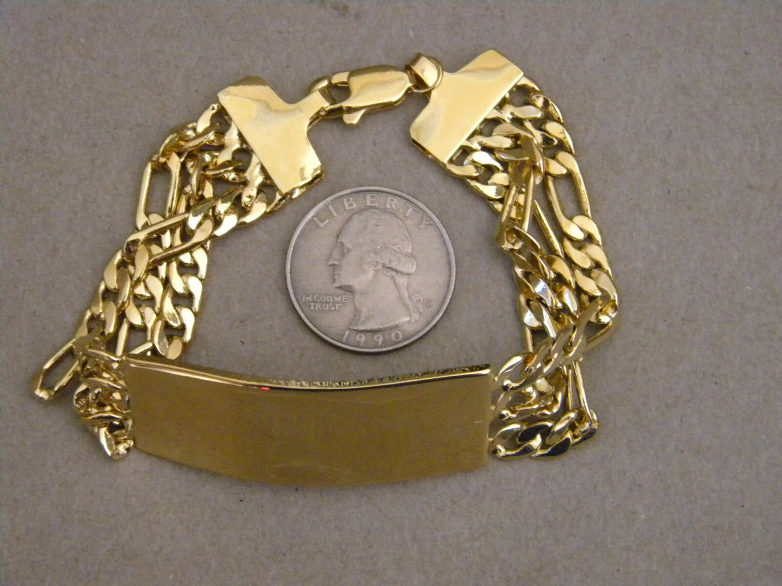 Men’s Yellow Gold Plated 3 Strand Figaro Chain Smooth ID Bracelet 8.5in ENGRAVED