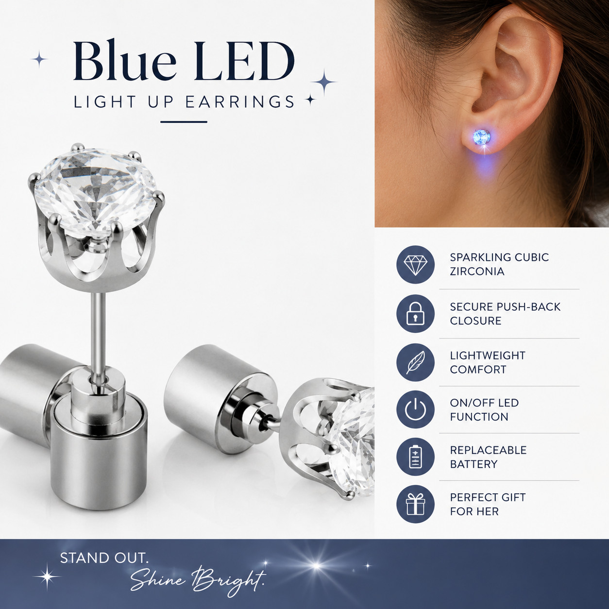 Blue LED Light Up Stud Earrings Cubic Zirconia Glow Jewelry for Men & Women
