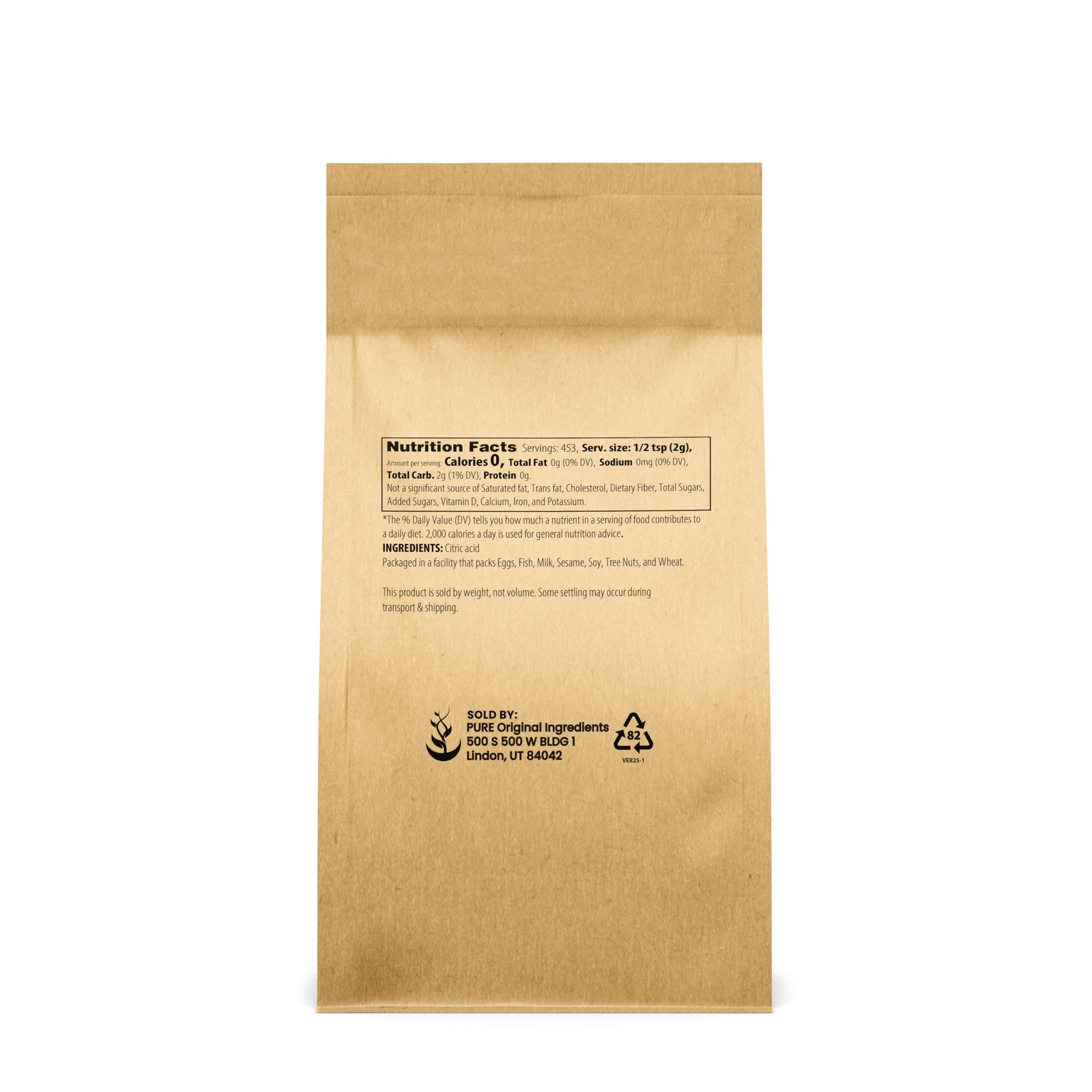 PURE ORIGINAL INGREDIENTS Citric Acid 2 Pounds, White Crystalline Powder