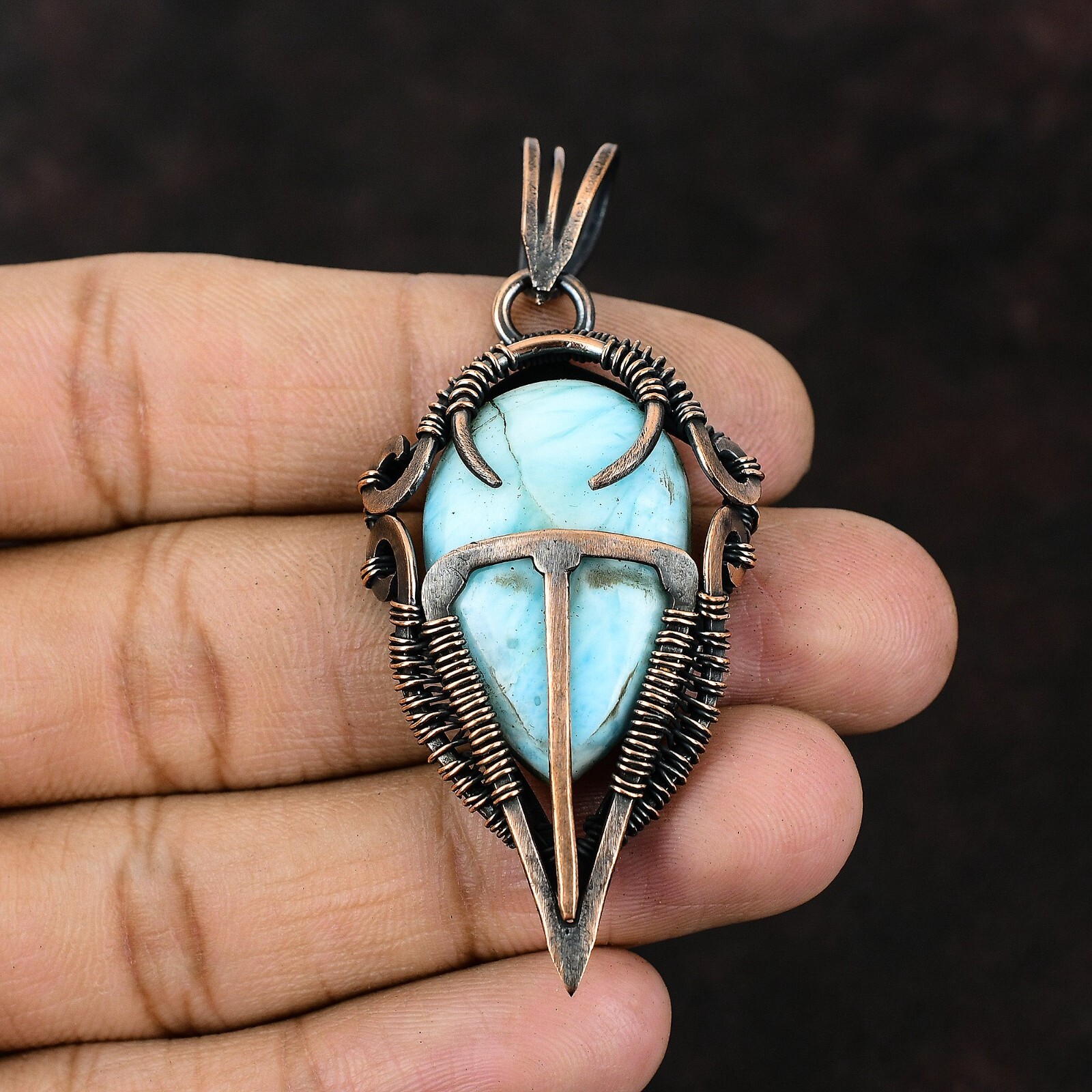 Larimar Gemstone Jewelry Copper Gift For Mother Wire Wrapped Pendant 2.56″