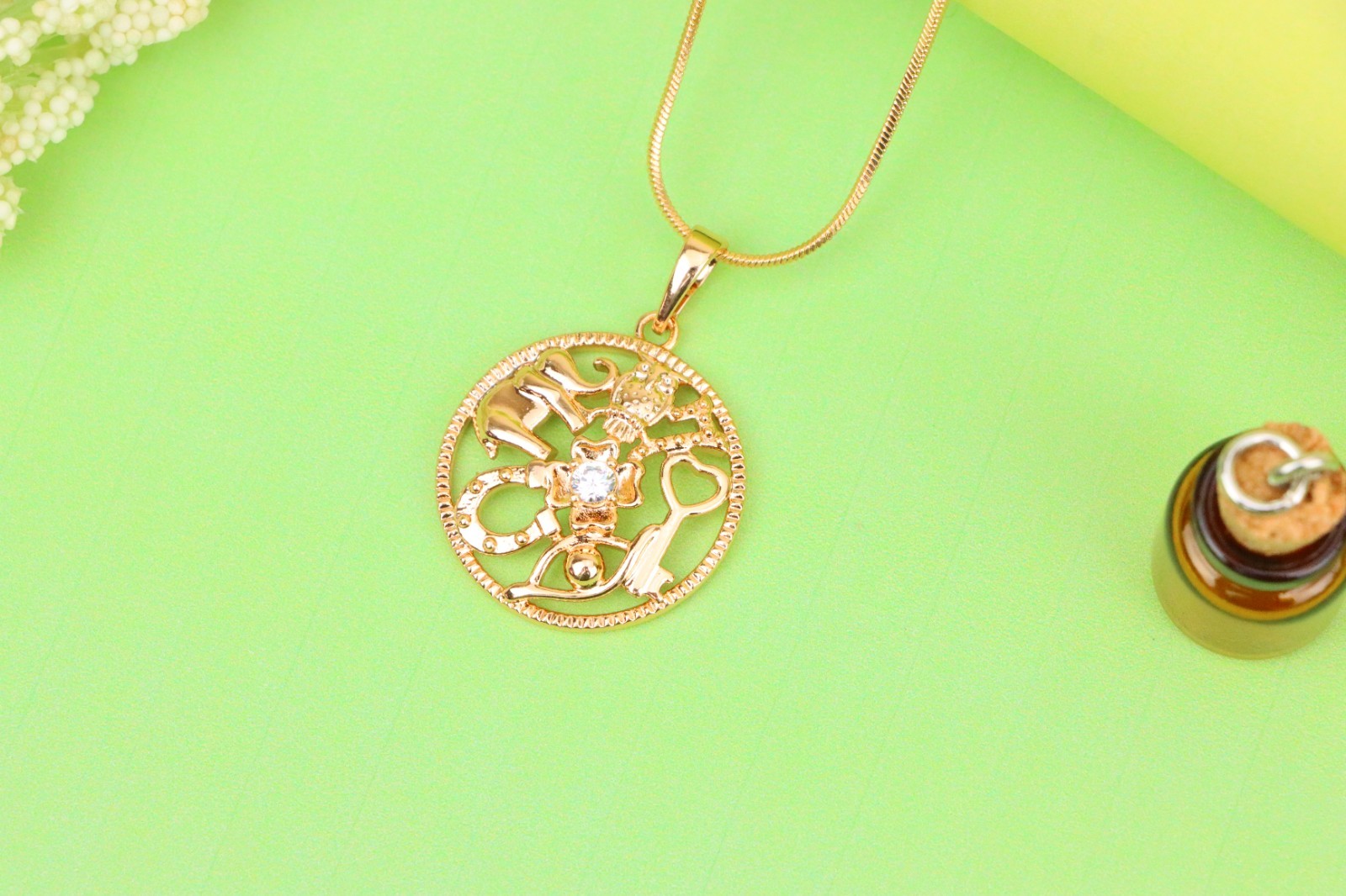 Round Rose Gold Pendant with Religious Motifs and Center Stone, XPPT1442