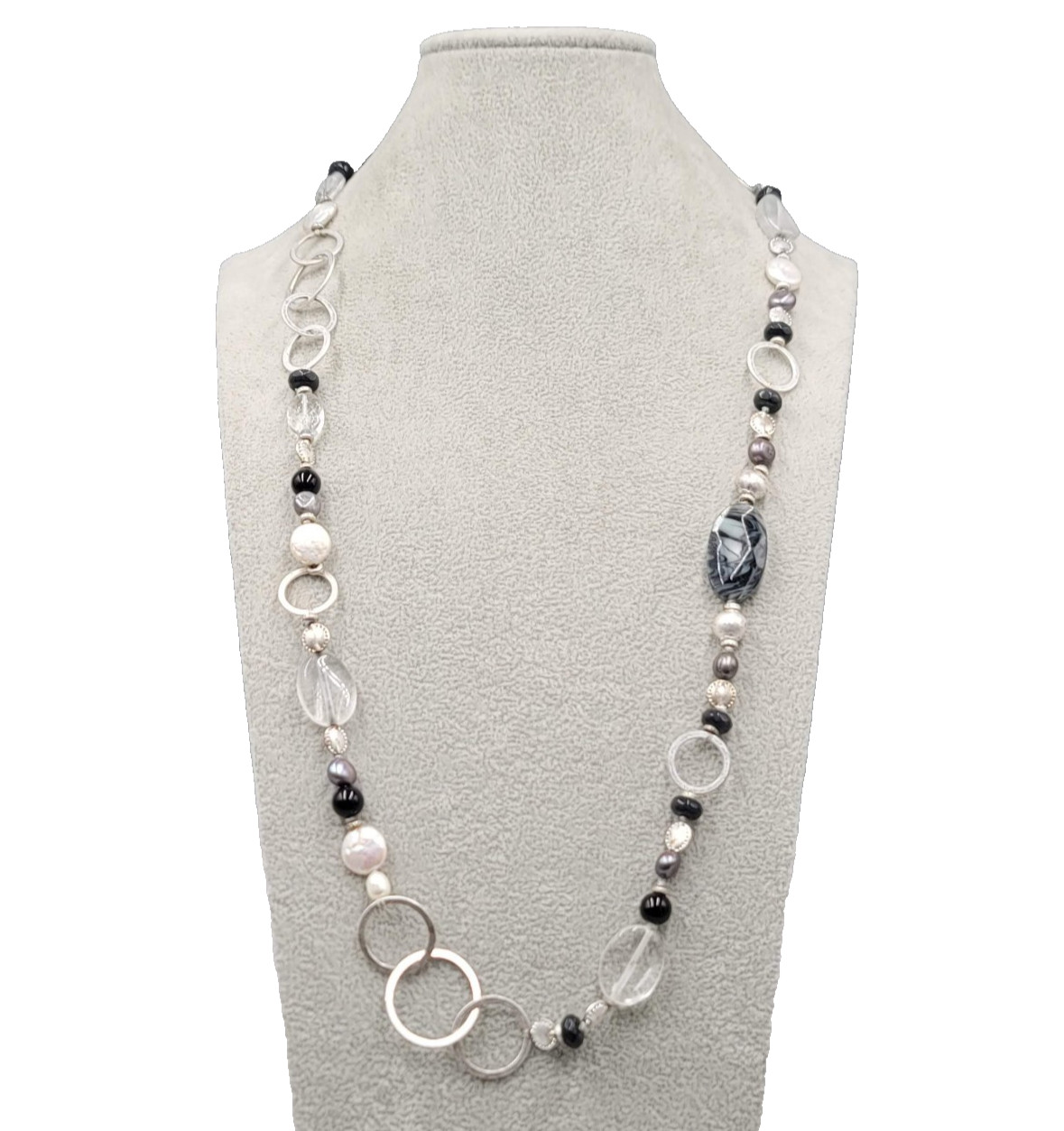Black Gray White Beaded Necklace Silver tone Links Long 30 in